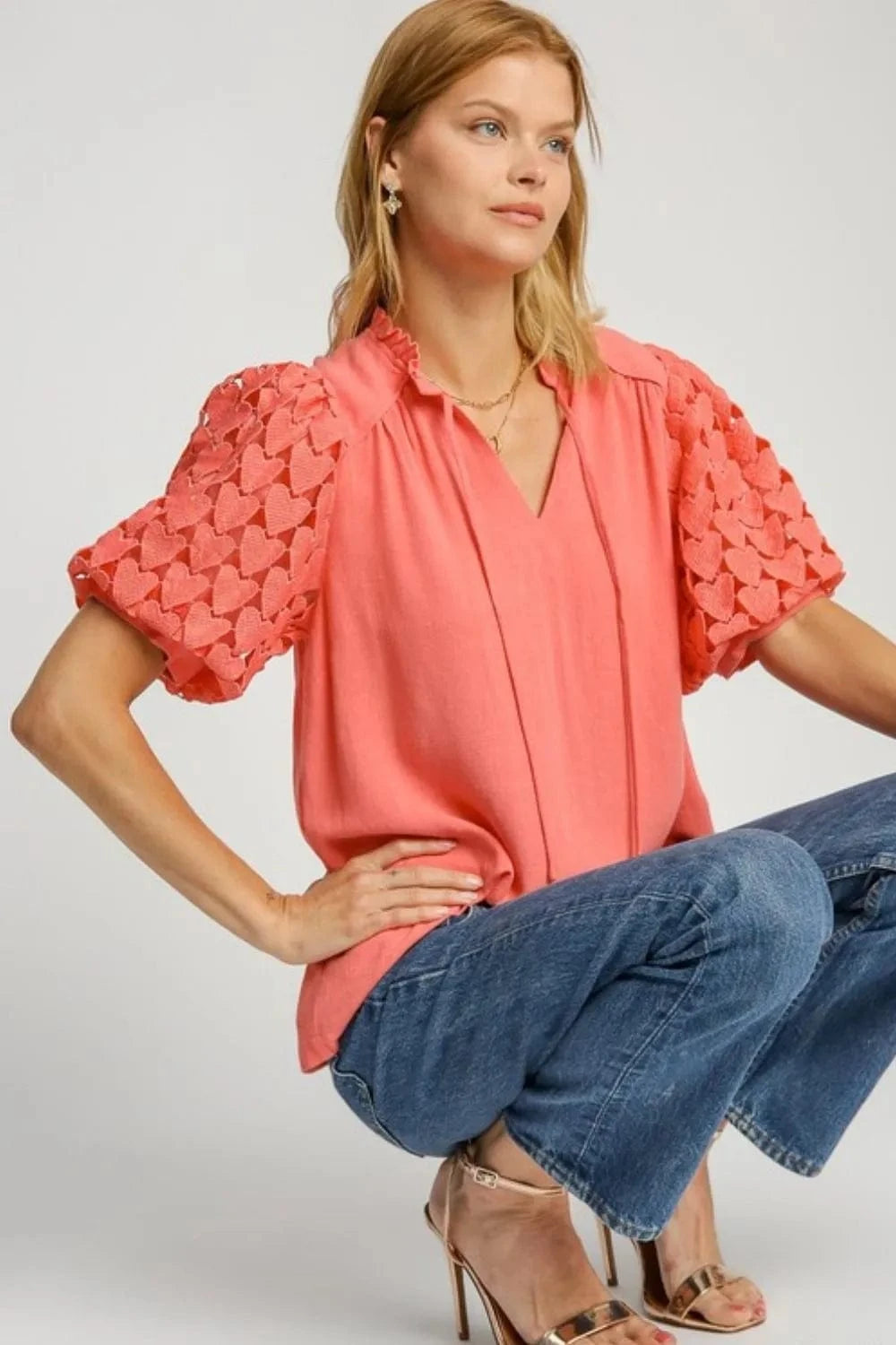 Umgee Full Size Heart Lace Sleeve Ruffle Collar Top Plus Size - ShalayeFashion