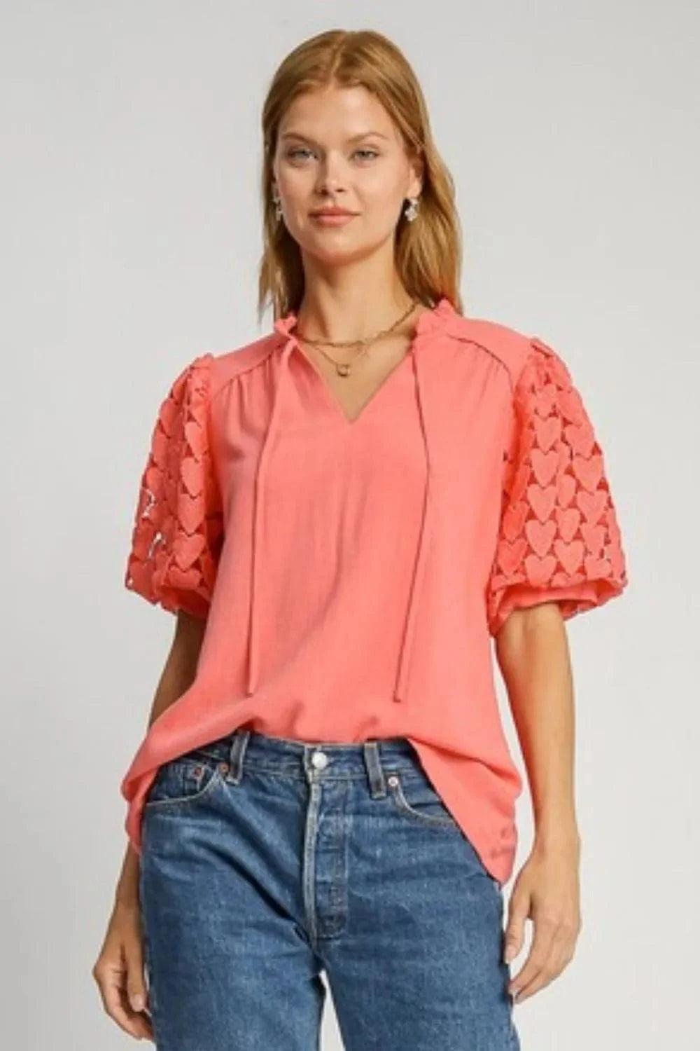 Umgee Full Size Heart Lace Sleeve Ruffle Collar Top Plus Size - ShalayeFashion