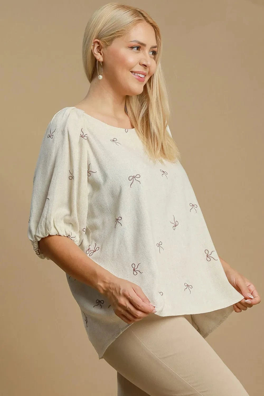Umgee Full Size Linen Blend Ribbon Embroidered Top Plus Size - ShalayeFashion