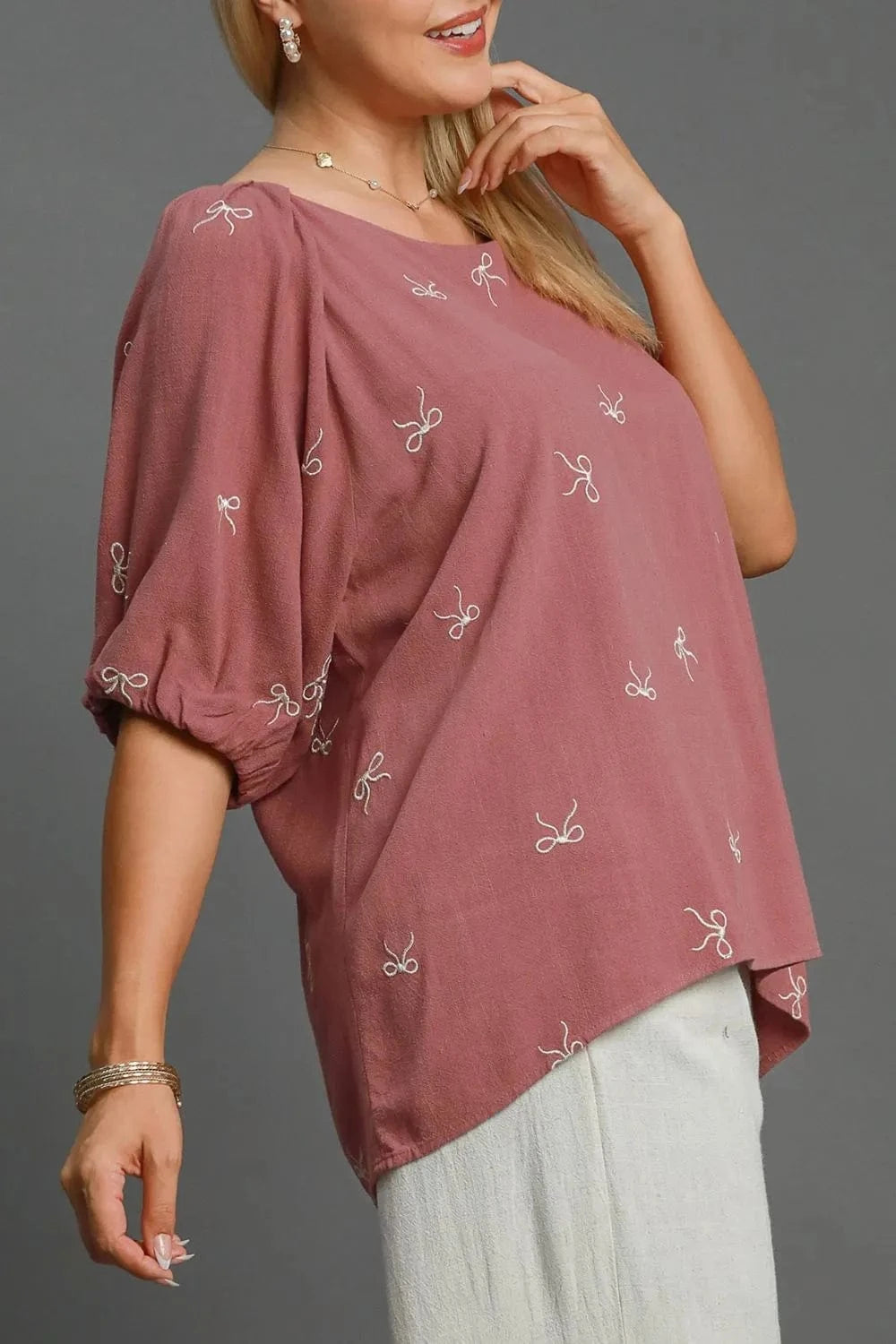 Umgee Full Size Linen Blend Ribbon Embroidered Top Plus Size - ShalayeFashion