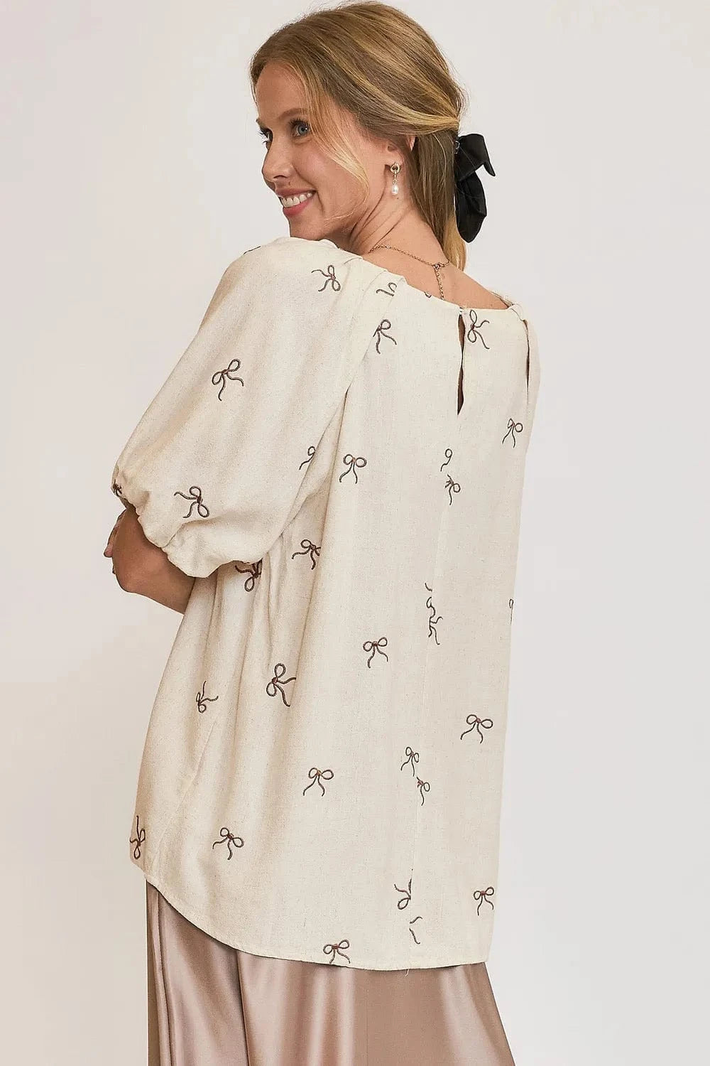Umgee Full Size Linen Blend Ribbon Embroidered Top Plus Size - ShalayeFashion
