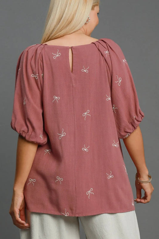 Umgee Full Size Linen Blend Ribbon Embroidered Top Plus Size - ShalayeFashion
