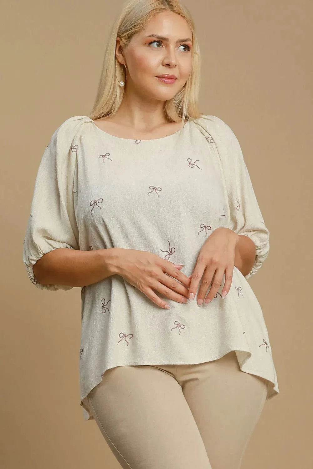Umgee Full Size Linen Blend Ribbon Embroidered Top Plus Size - ShalayeFashion