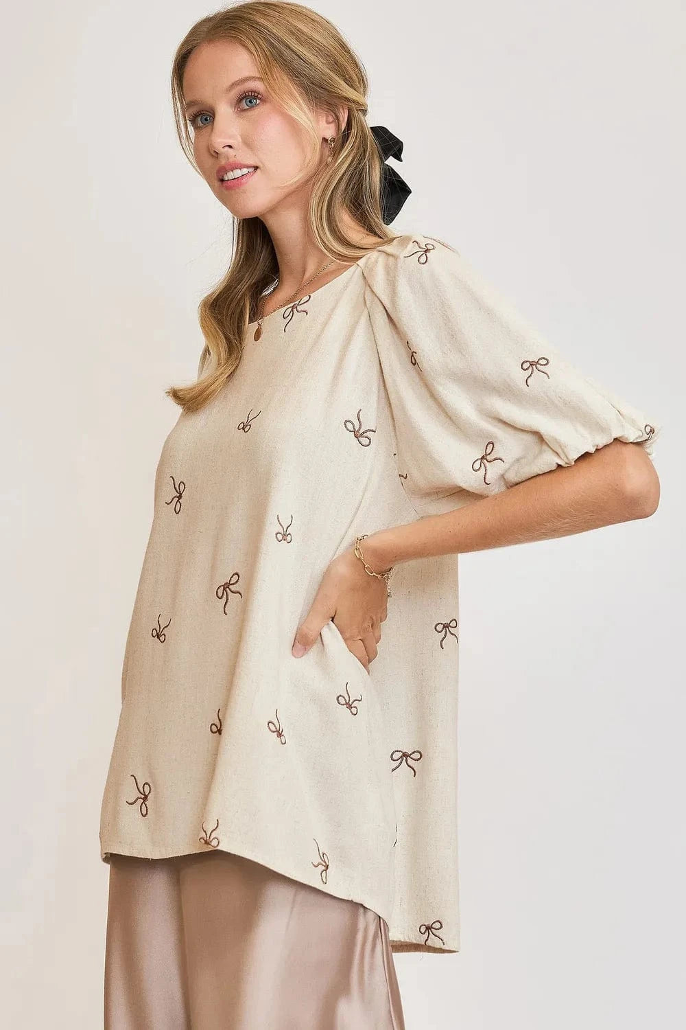 Umgee Full Size Linen Blend Ribbon Embroidered Top Plus Size - ShalayeFashion