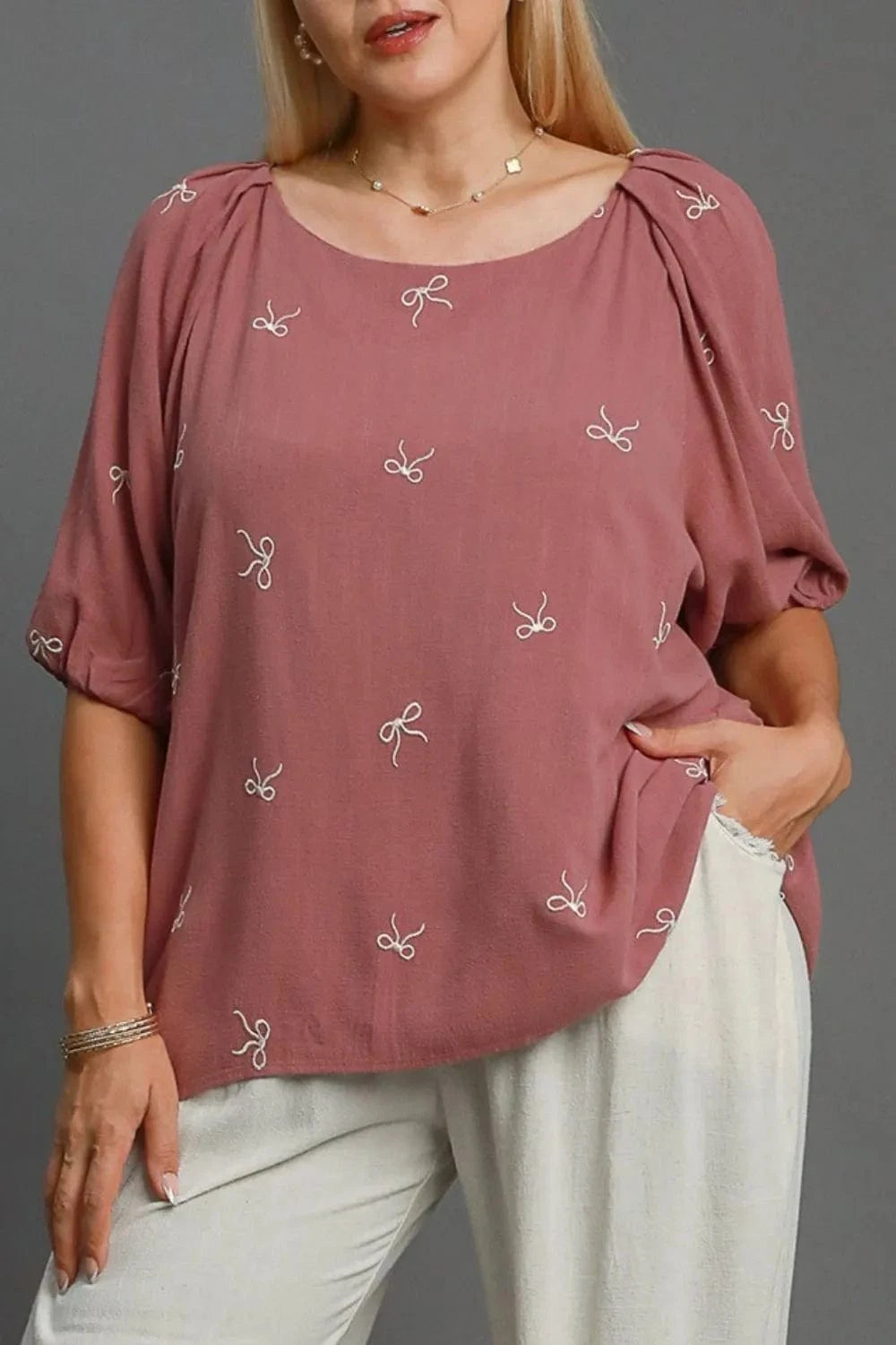 Umgee Full Size Linen Blend Ribbon Embroidered Top Plus Size - ShalayeFashion