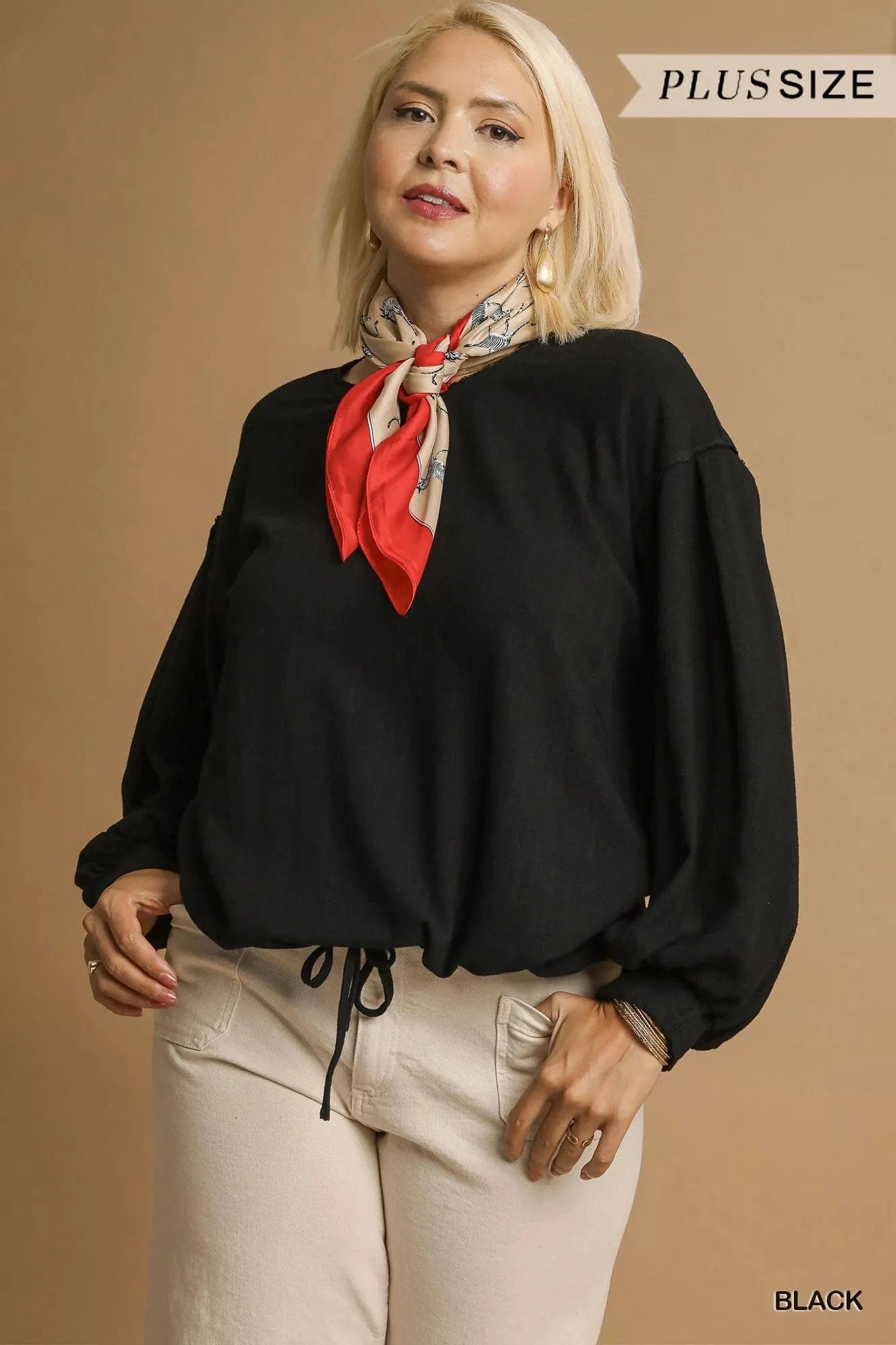Umgee Full Size Linen Long Sleeve Top with Drawstring Plus Size - ShalayeFashion