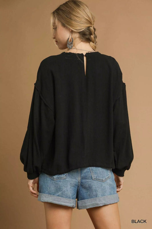 Umgee Full Size Linen Long Sleeve Top with Drawstring Plus Size - ShalayeFashion