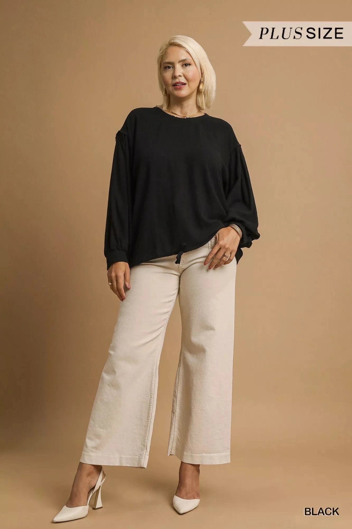 Umgee Full Size Linen Long Sleeve Top with Drawstring Plus Size - ShalayeFashion
