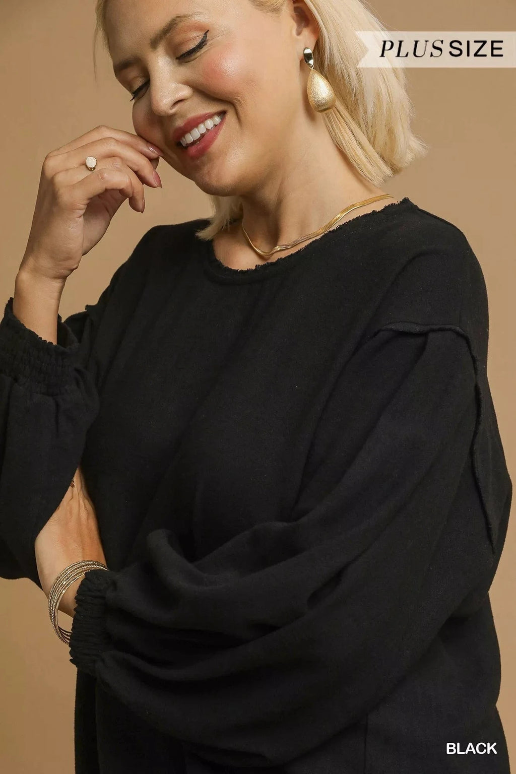 Umgee Full Size Linen Long Sleeve Top with Drawstring Plus Size - ShalayeFashion
