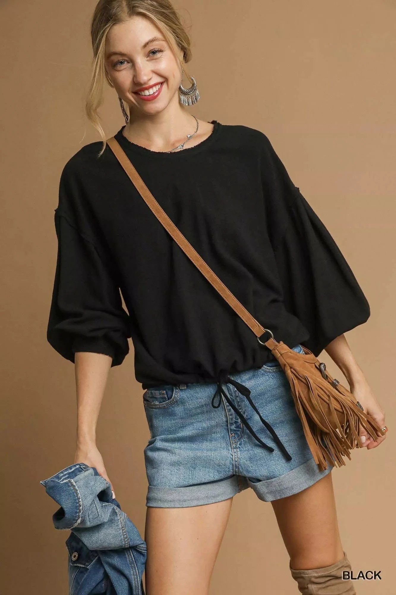 Umgee Full Size Linen Long Sleeve Top with Drawstring Plus Size - ShalayeFashion