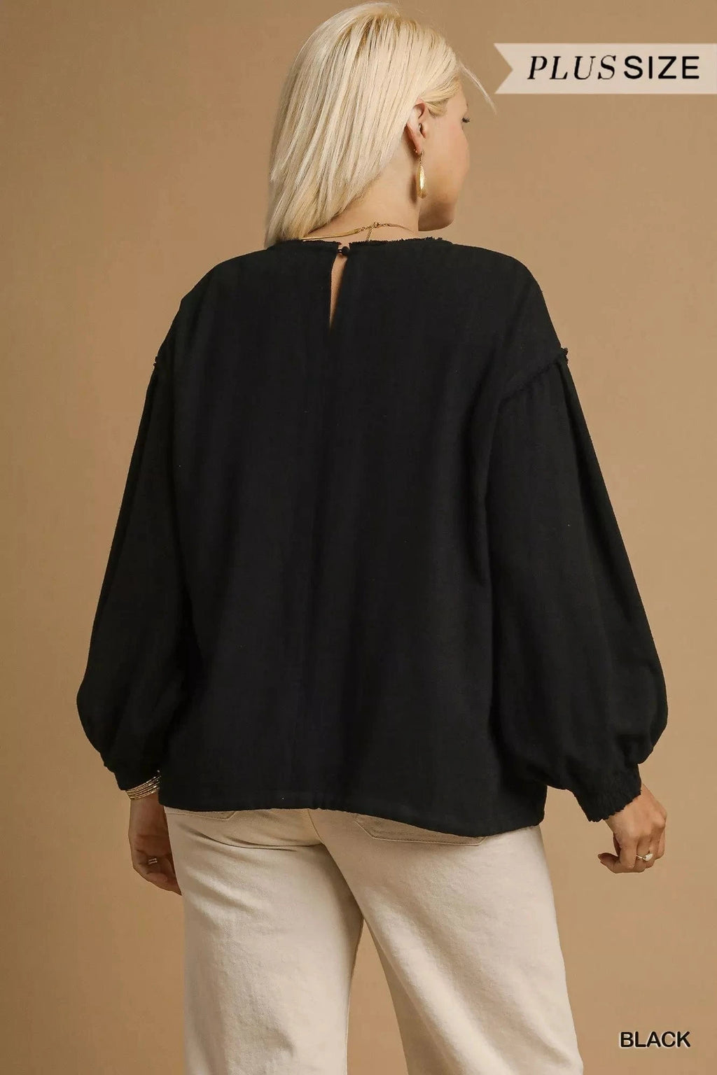 Umgee Full Size Linen Long Sleeve Top with Drawstring Plus Size - ShalayeFashion