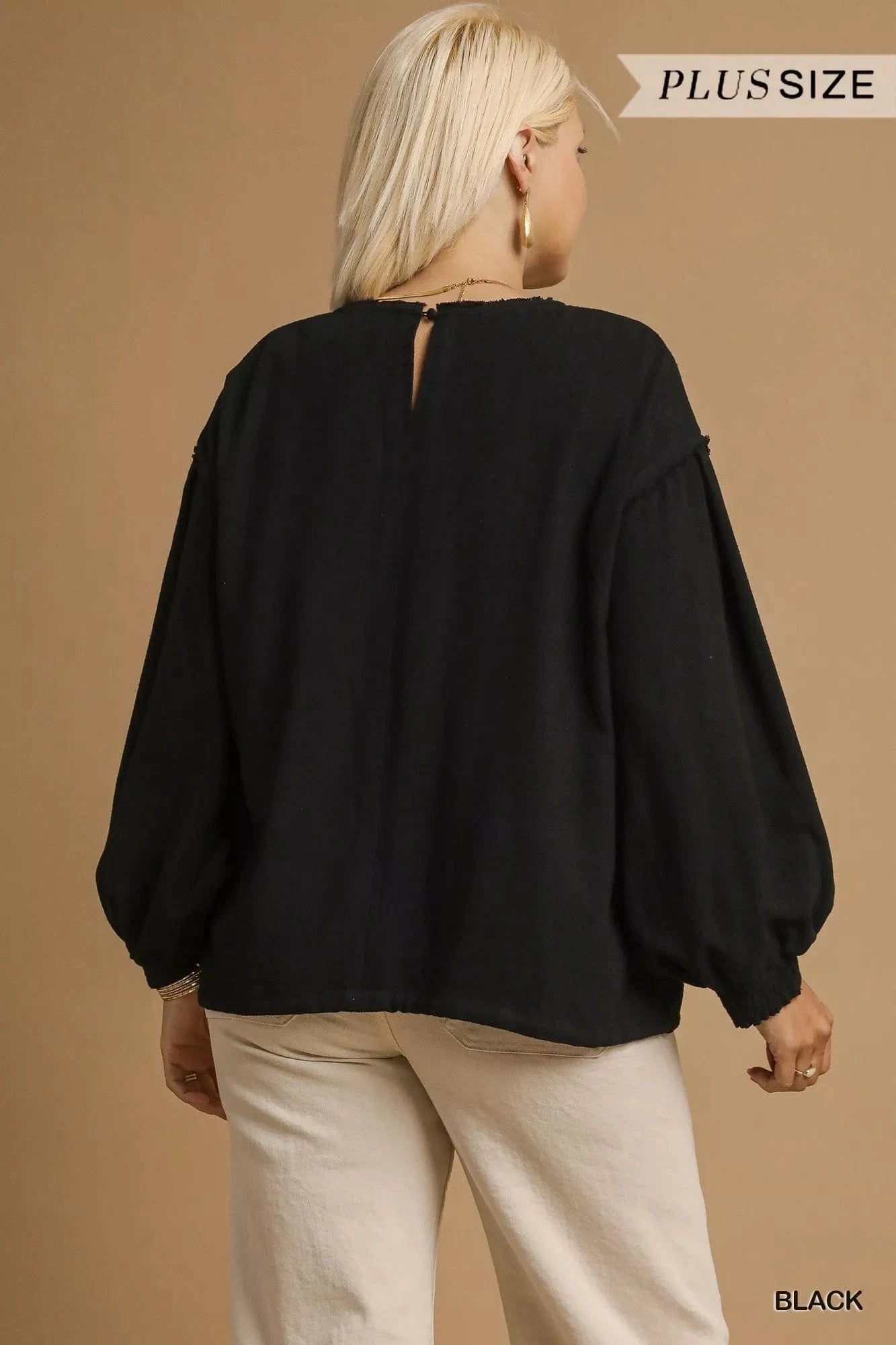 Umgee Full Size Linen Long Sleeve Top with Drawstring Plus Size - ShalayeFashion