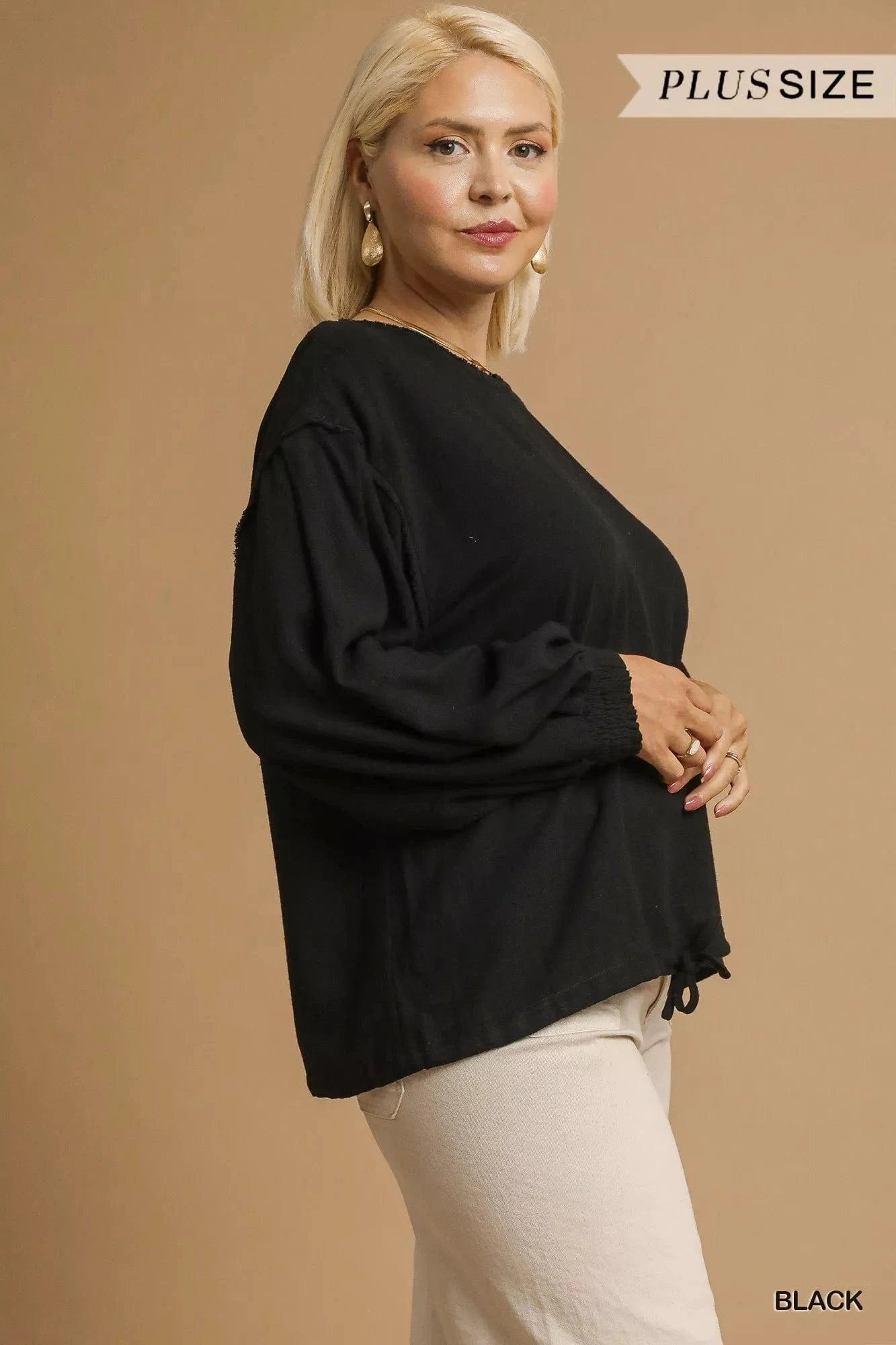Umgee Full Size Linen Long Sleeve Top with Drawstring Plus Size - ShalayeFashion