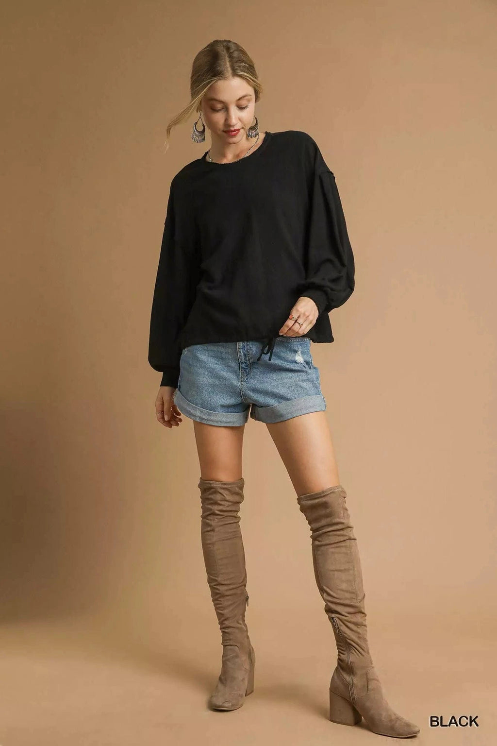 Umgee Full Size Linen Long Sleeve Top with Drawstring Plus Size - ShalayeFashion