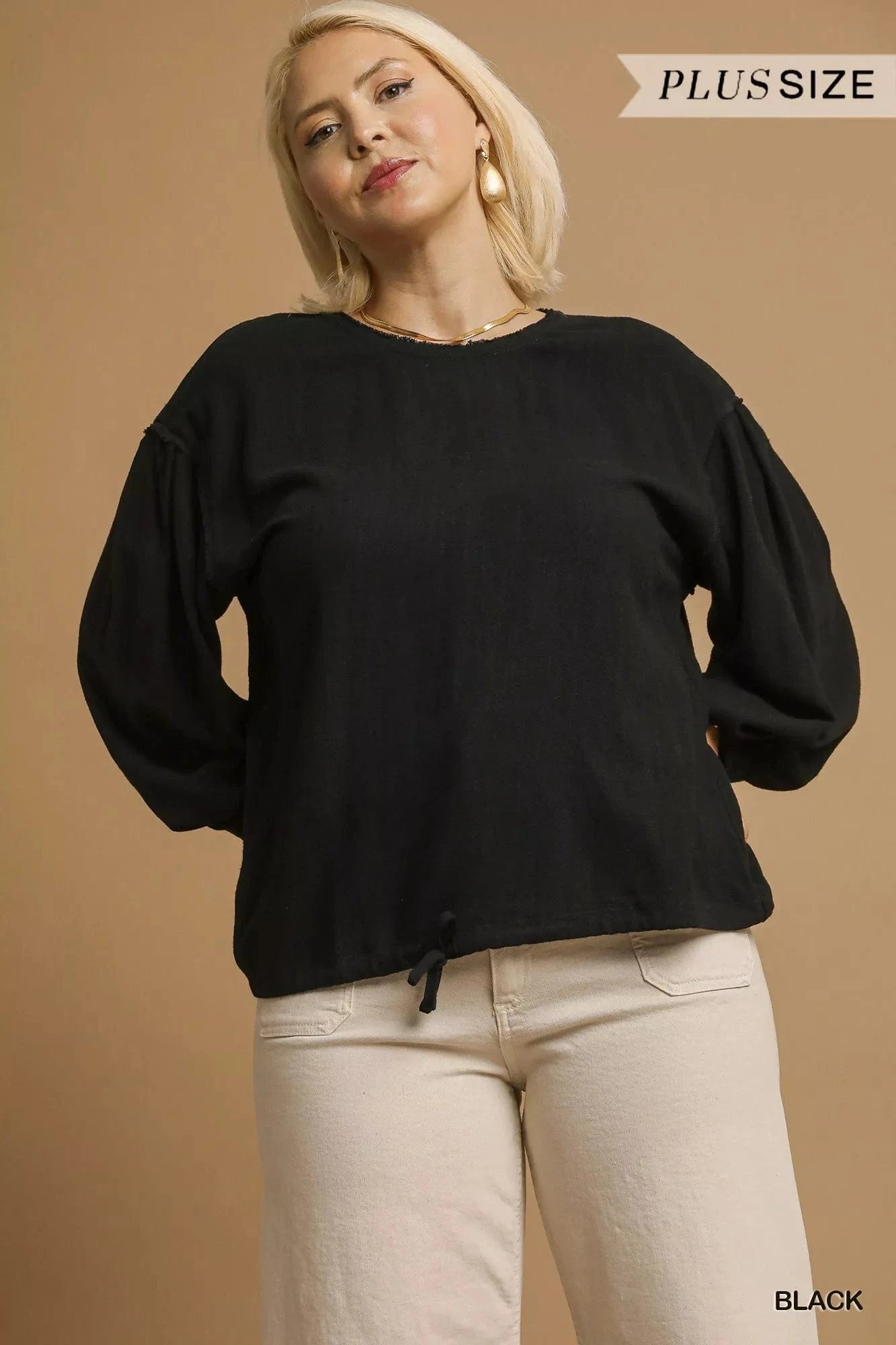 Umgee Full Size Linen Long Sleeve Top with Drawstring Plus Size - ShalayeFashion