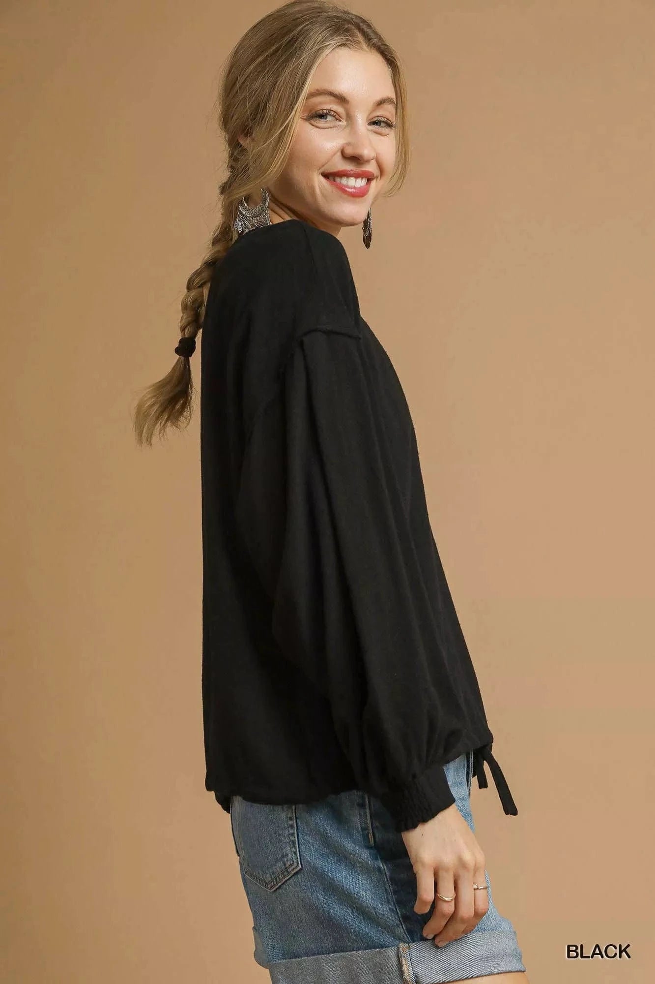Umgee Full Size Linen Long Sleeve Top with Drawstring Plus Size - ShalayeFashion
