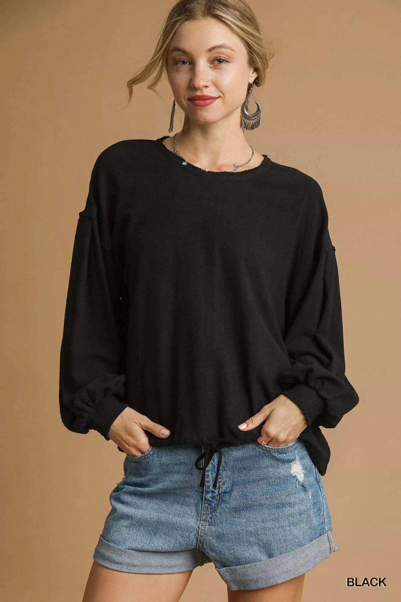 Umgee Full Size Linen Long Sleeve Top with Drawstring Plus Size - ShalayeFashion