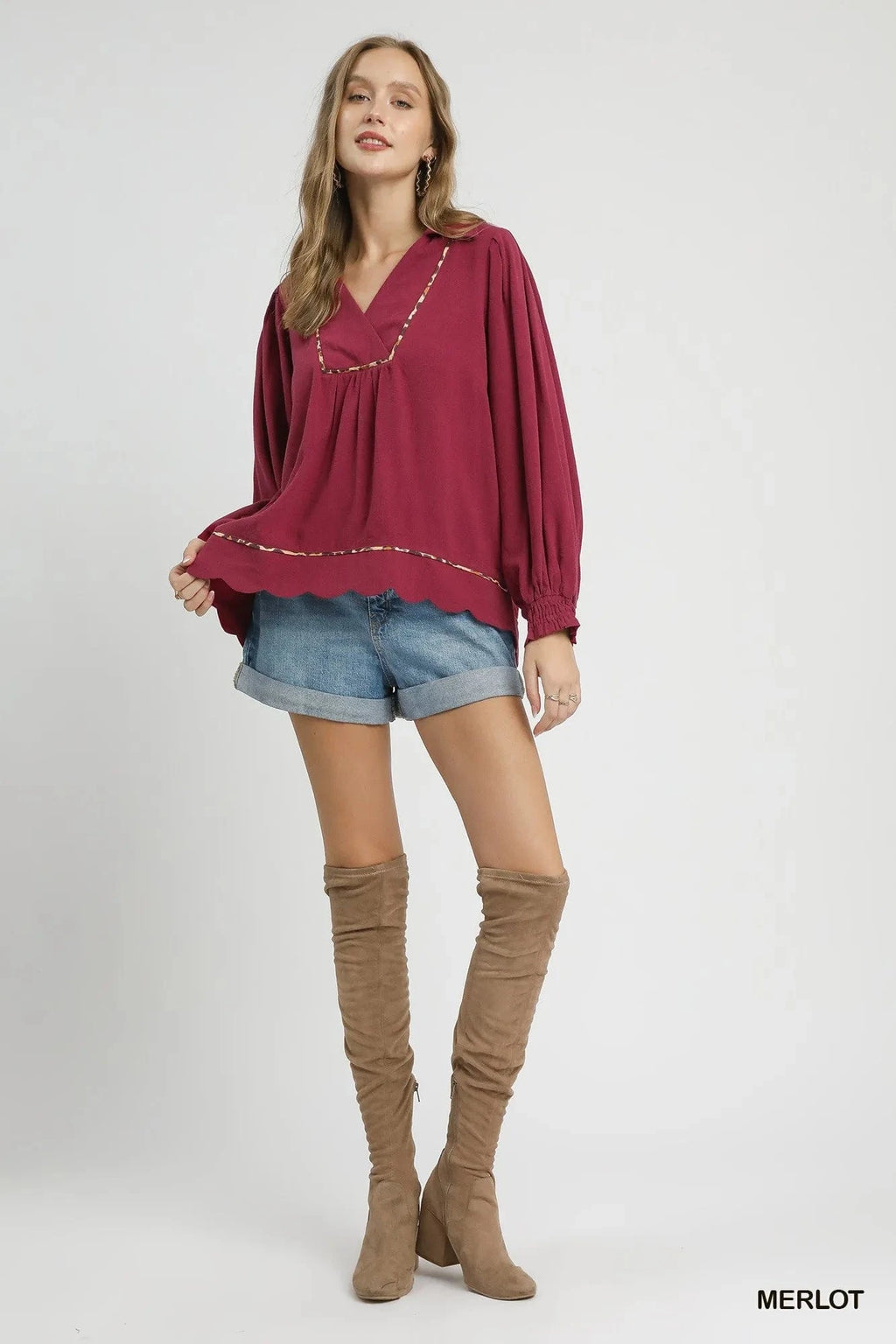 Umgee Full Size Linen Scallop Hem Blouse with Contrast Trim Plus Size - ShalayeFashion