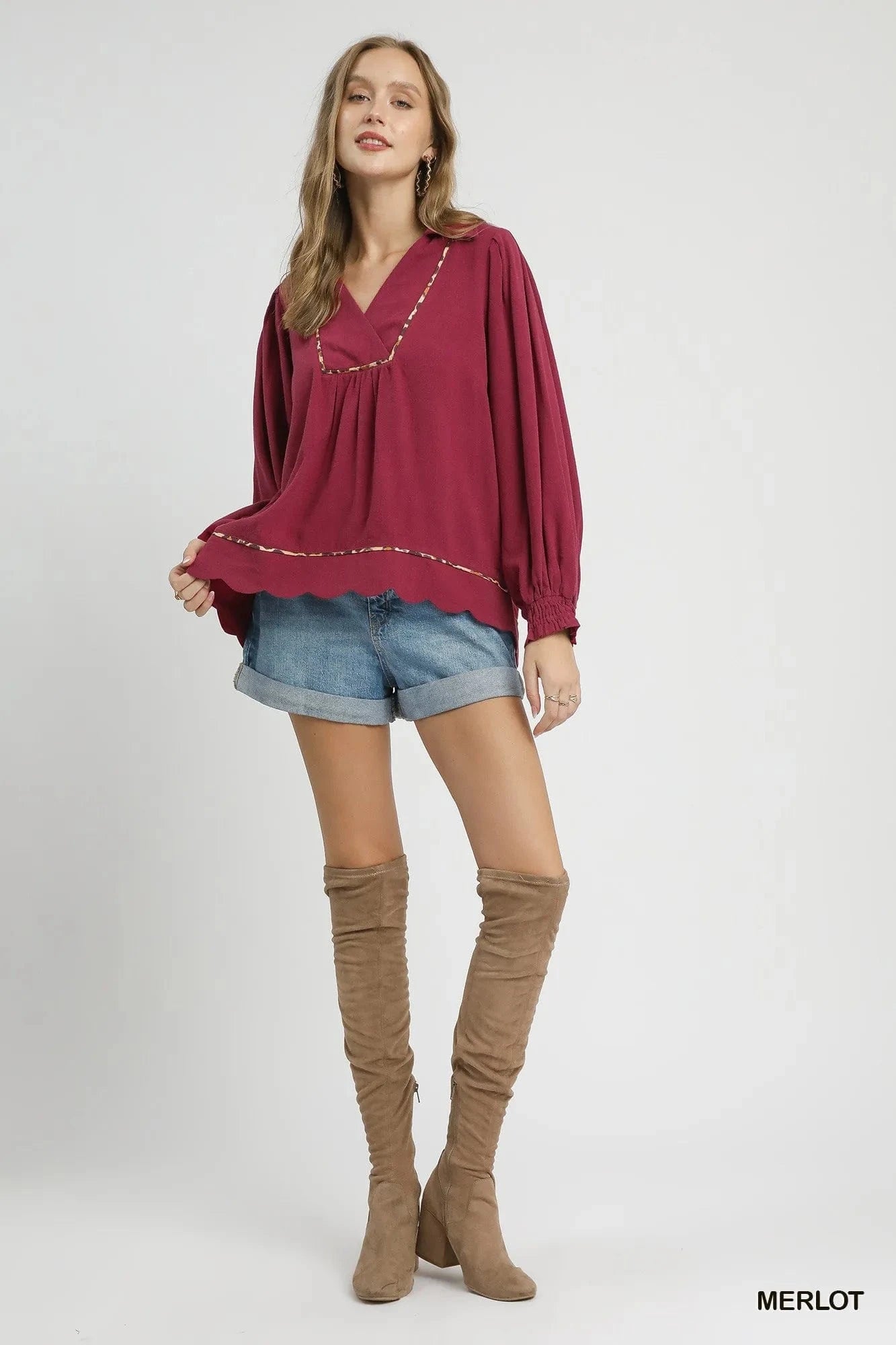 Umgee Full Size Linen Scallop Hem Blouse with Contrast Trim Plus Size - ShalayeFashion