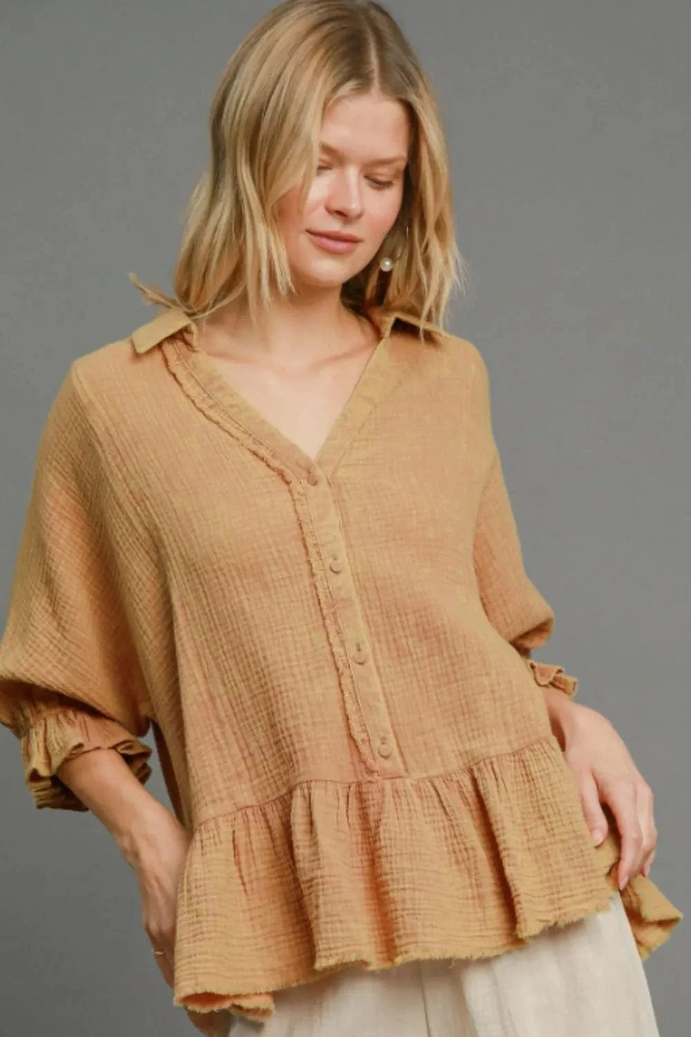 Umgee Full Size Mineral Washed Cotton Gauze Top Plus Size - ShalayeFashion