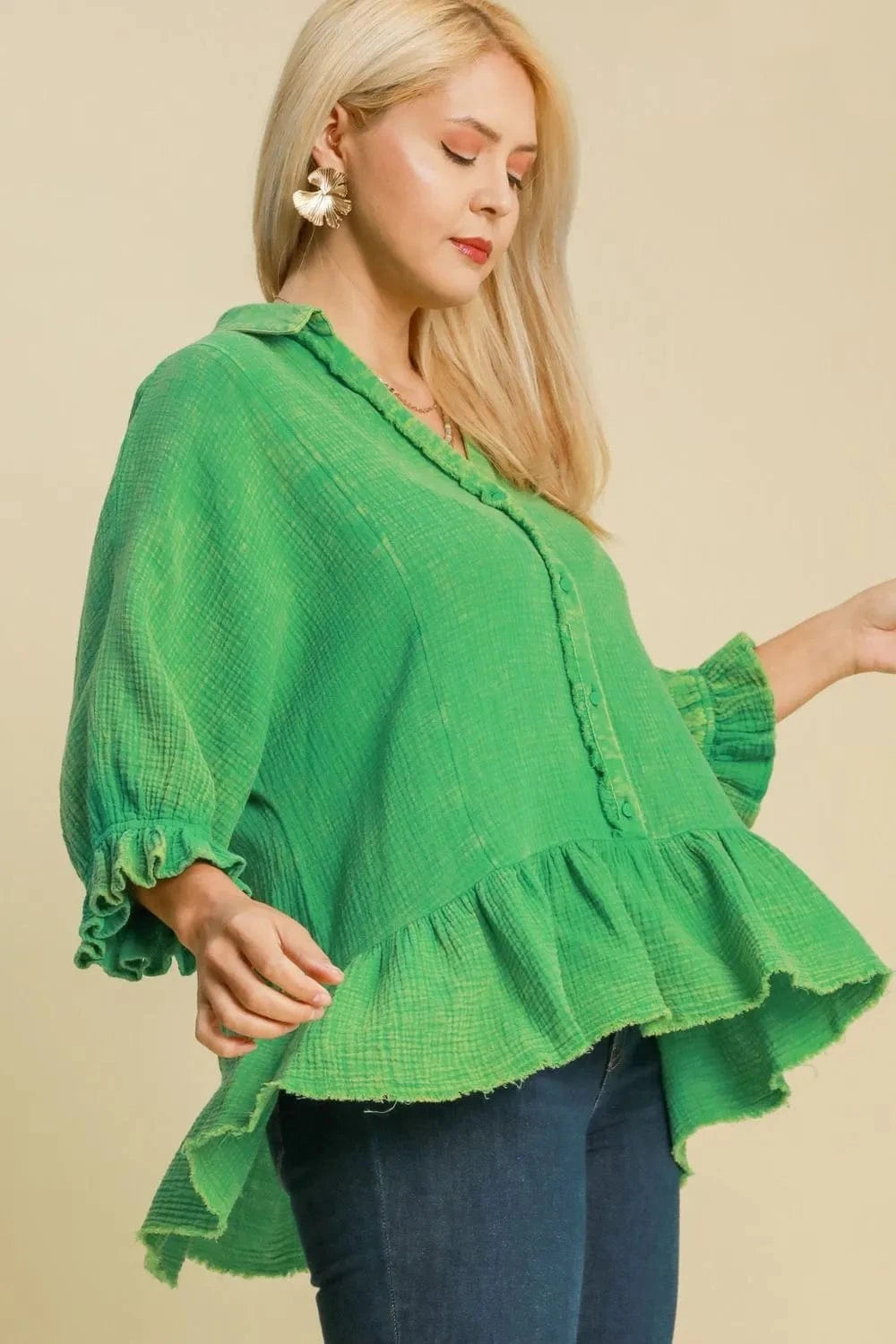 Umgee Full Size Mineral Washed Cotton Gauze Top Plus Size - ShalayeFashion