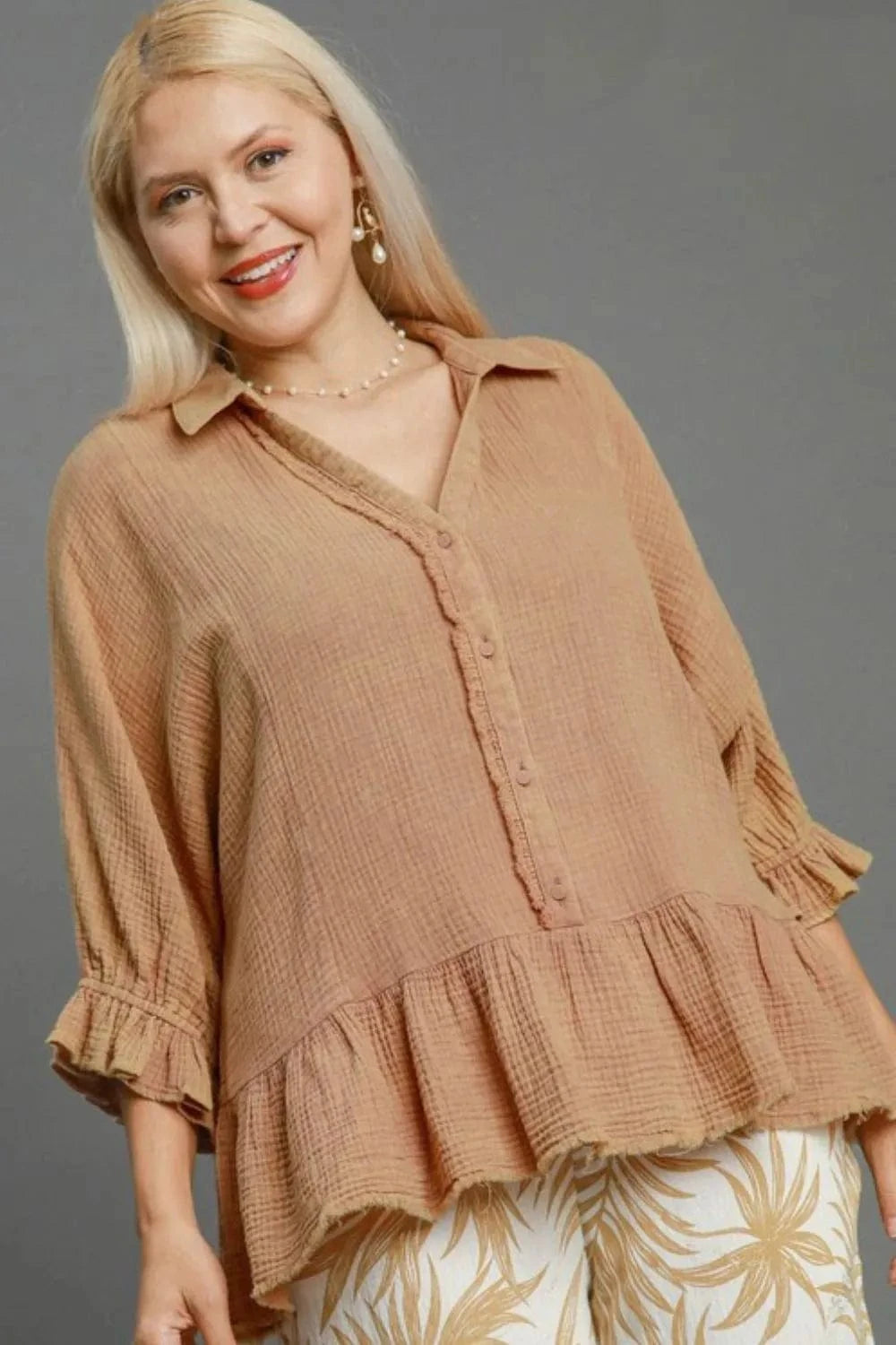Umgee Full Size Mineral Washed Cotton Gauze Top Plus Size - ShalayeFashion