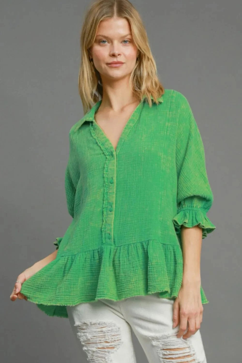 Umgee Full Size Mineral Washed Cotton Gauze Top Plus Size - ShalayeFashion