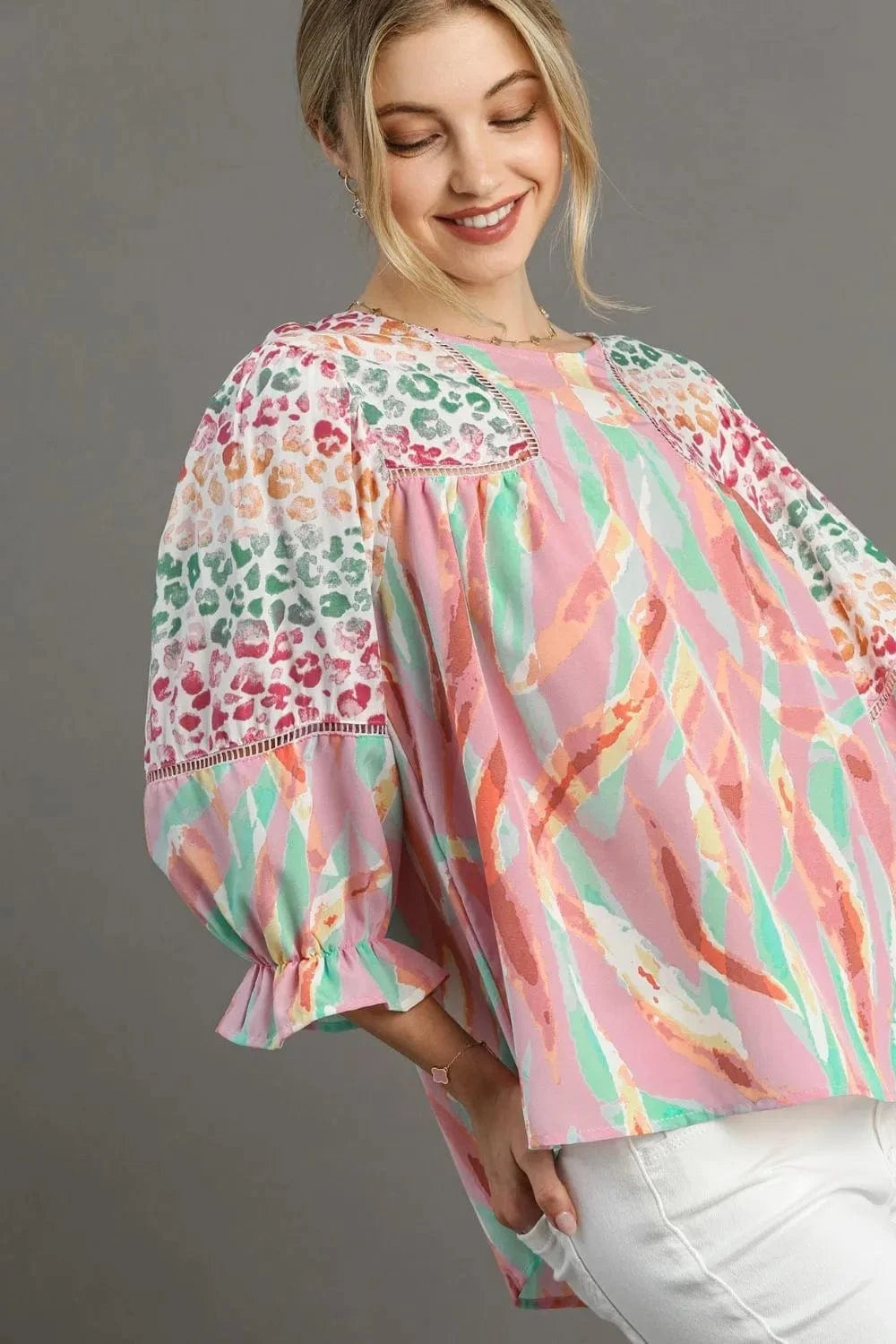 Umgee Full Size Mixed Print Lace Trim Top Plus Size - ShalayeFashion