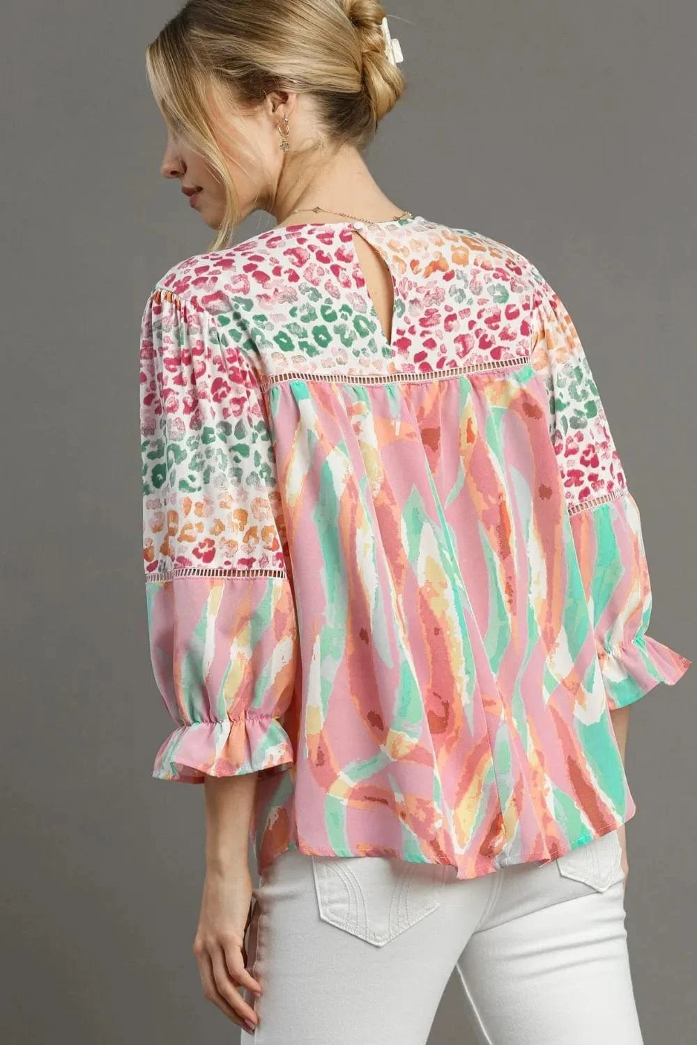 Umgee Full Size Mixed Print Lace Trim Top Plus Size - ShalayeFashion