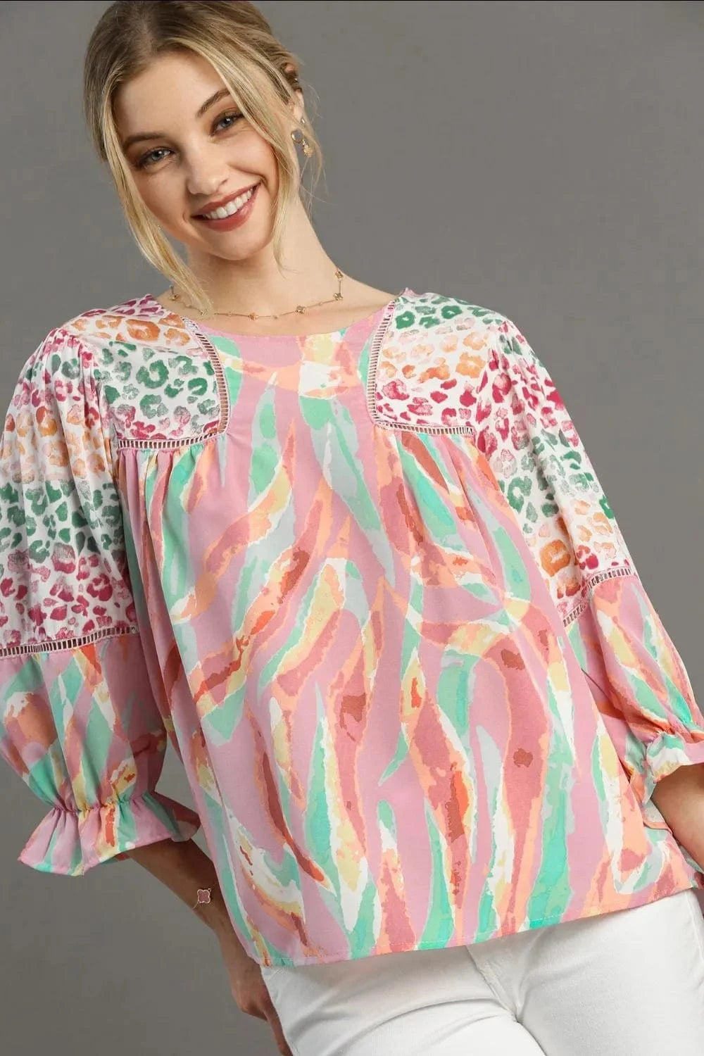 Umgee Full Size Mixed Print Lace Trim Top Plus Size - ShalayeFashion