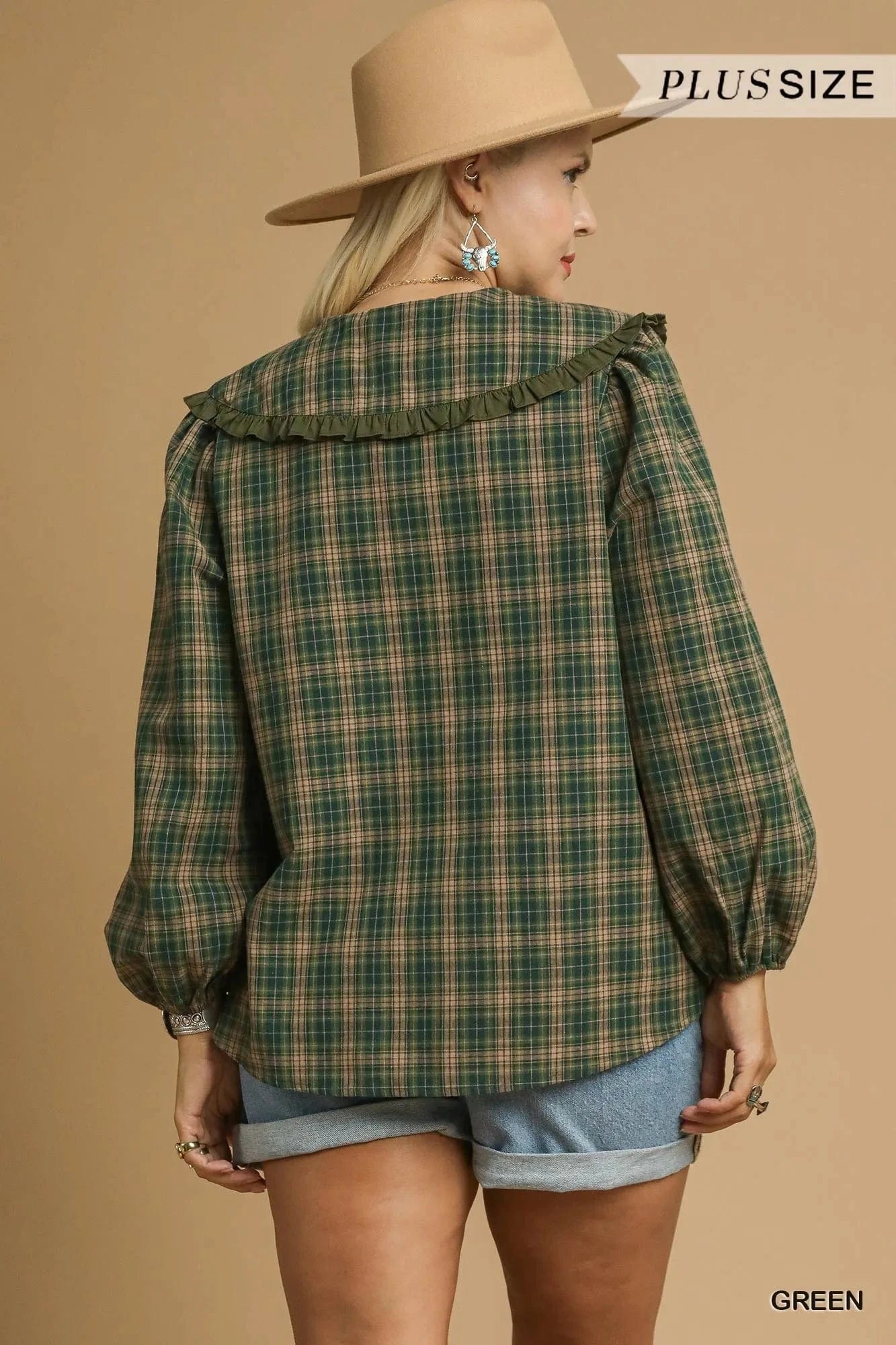 Umgee Full Size Plaid Ruffle Collar Blouse Plus Size - ShalayeFashion