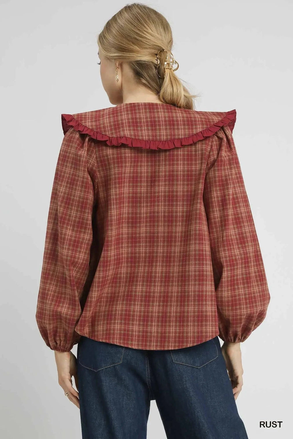 Umgee Full Size Plaid Ruffle Collar Blouse Plus Size - ShalayeFashion