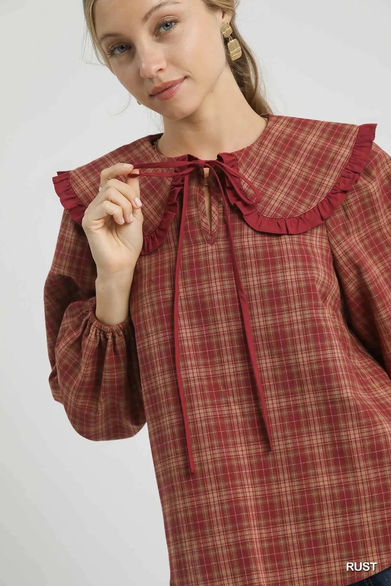 Umgee Full Size Plaid Ruffle Collar Blouse Plus Size - ShalayeFashion