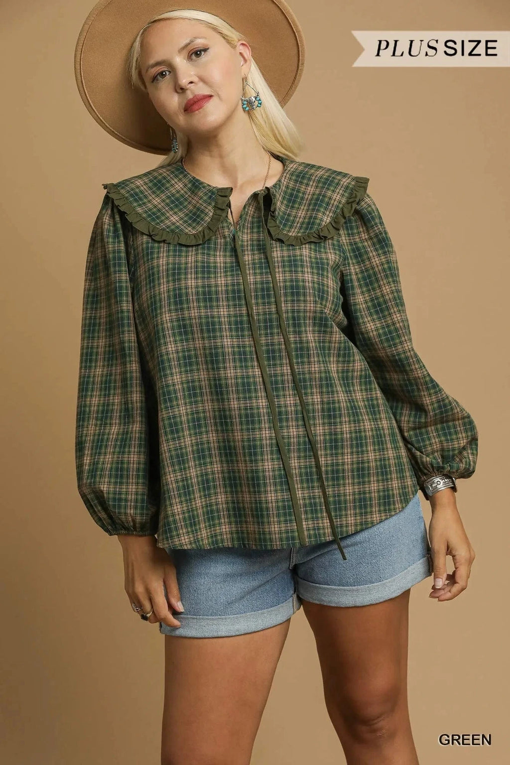 Umgee Full Size Plaid Ruffle Collar Blouse Plus Size - ShalayeFashion