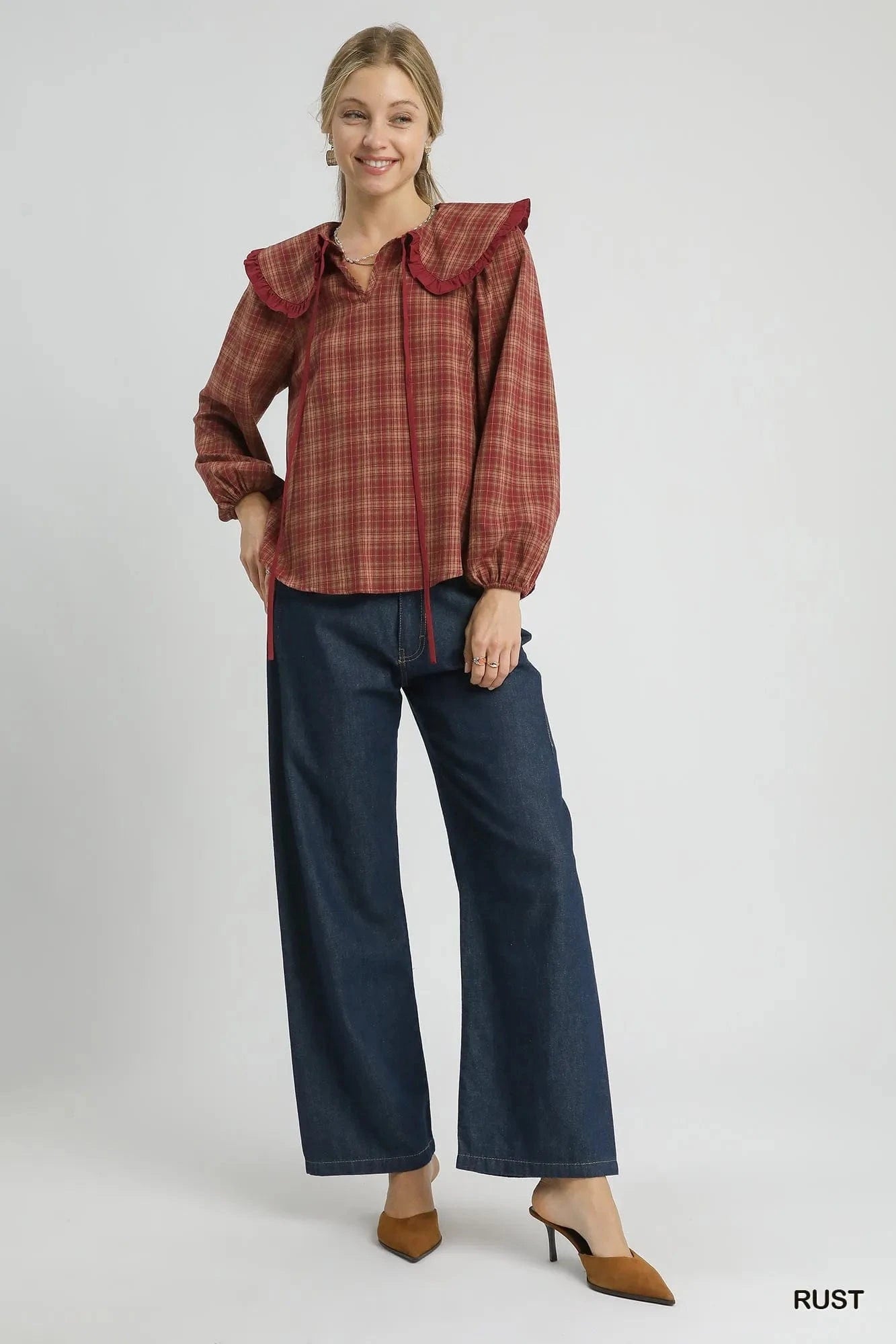 Umgee Full Size Plaid Ruffle Collar Blouse Plus Size - ShalayeFashion