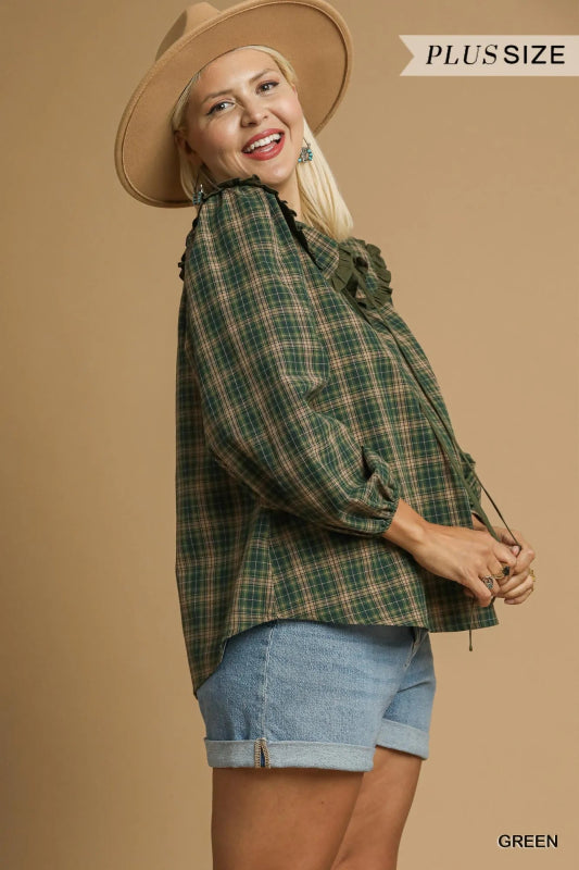 Umgee Full Size Plaid Ruffle Collar Blouse Plus Size - ShalayeFashion