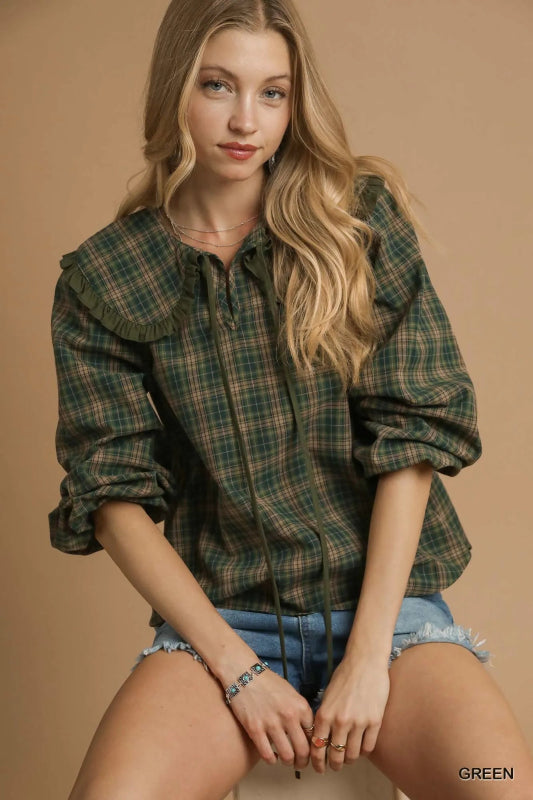 Umgee Full Size Plaid Ruffle Collar Blouse Plus Size - ShalayeFashion