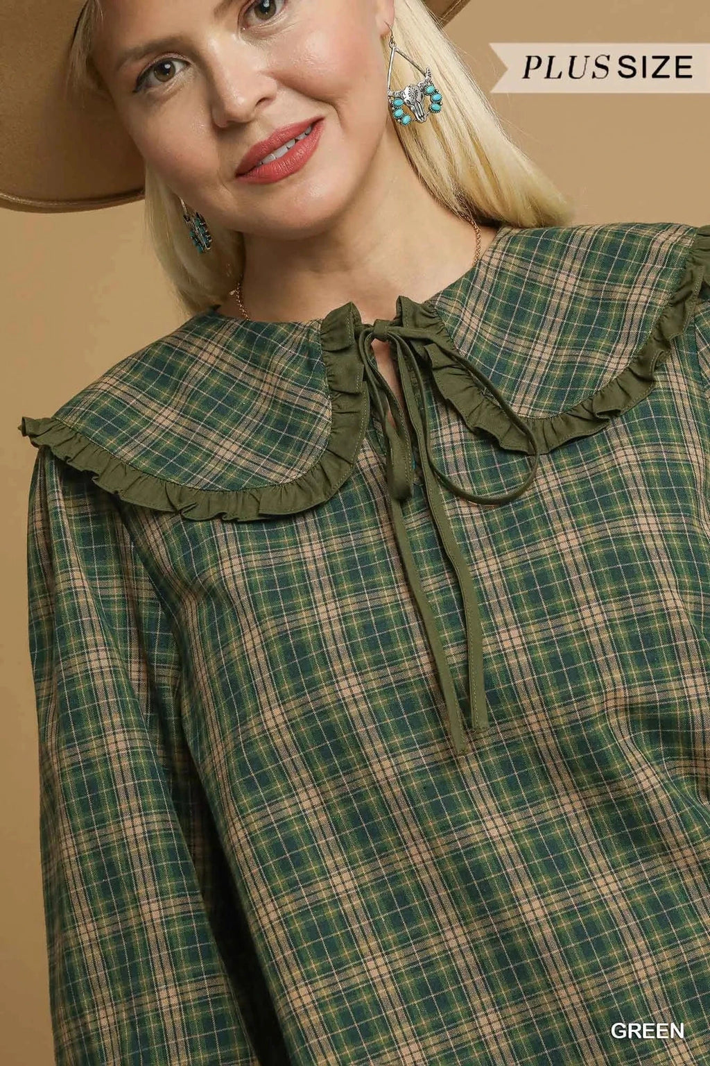 Umgee Full Size Plaid Ruffle Collar Blouse Plus Size - ShalayeFashion