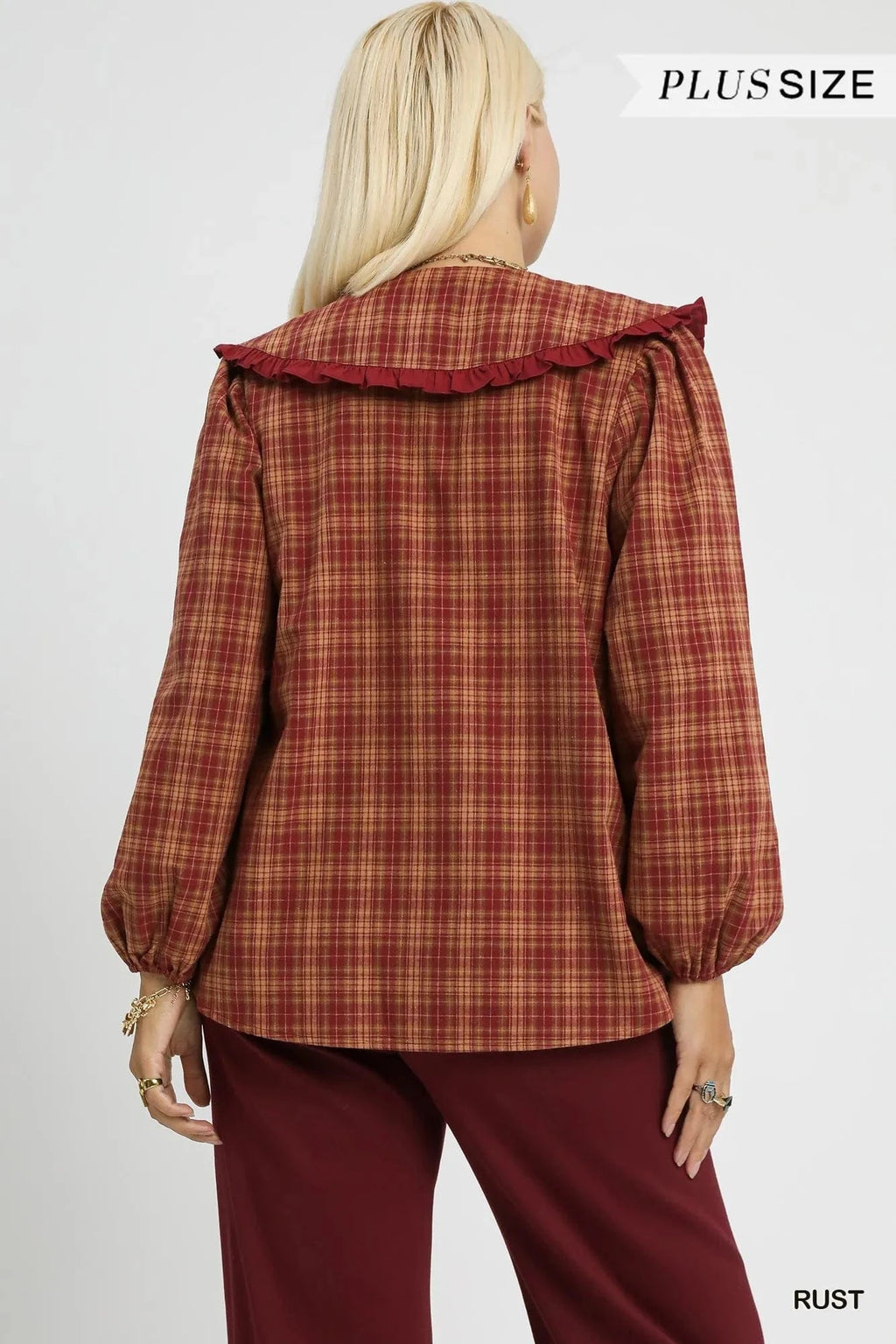 Umgee Full Size Plaid Ruffle Collar Blouse Plus Size - ShalayeFashion