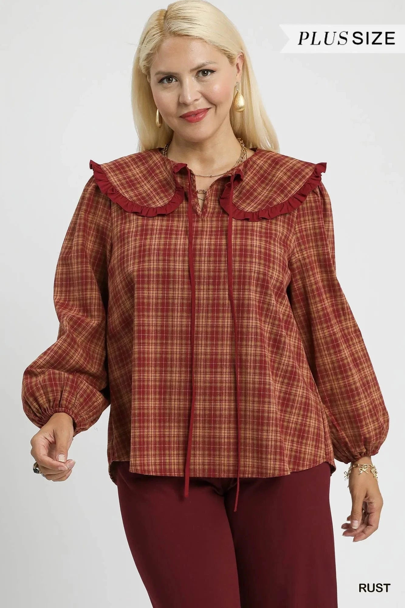 Umgee Full Size Plaid Ruffle Collar Blouse Plus Size - ShalayeFashion
