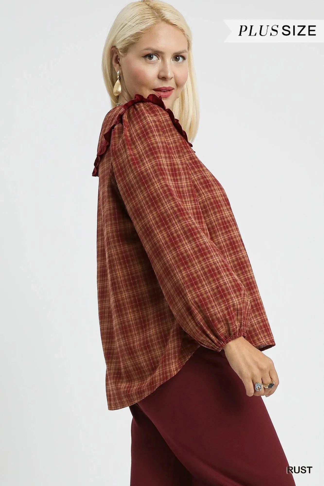 Umgee Full Size Plaid Ruffle Collar Blouse Plus Size - ShalayeFashion