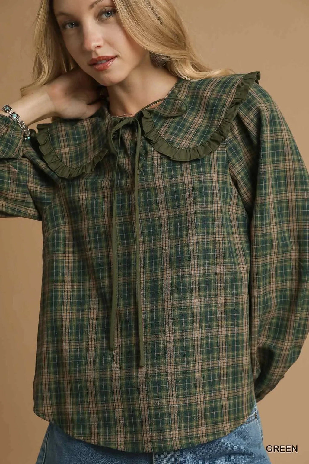 Umgee Full Size Plaid Ruffle Collar Blouse Plus Size - ShalayeFashion