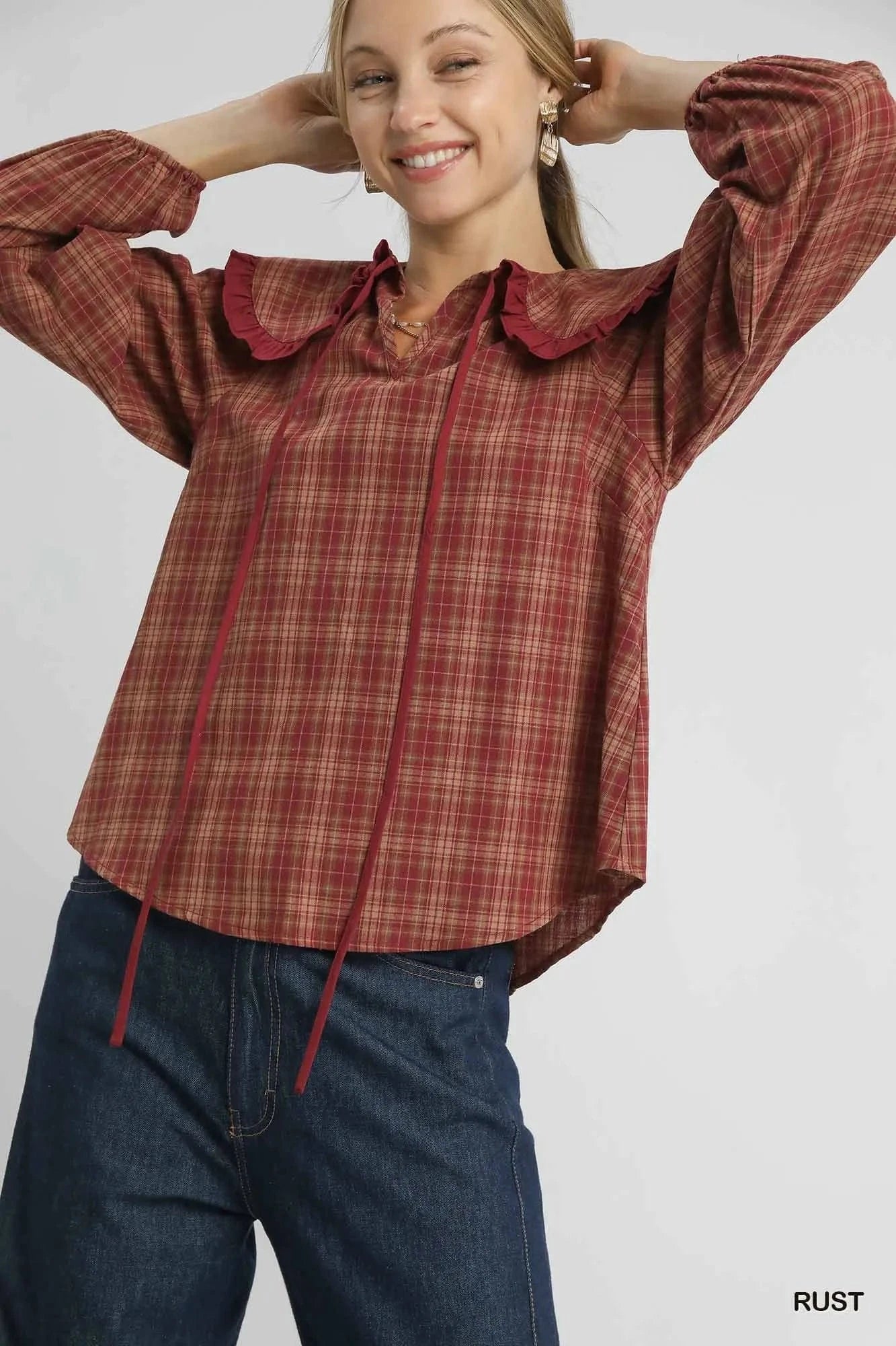 Umgee Full Size Plaid Ruffle Collar Blouse Plus Size - ShalayeFashion