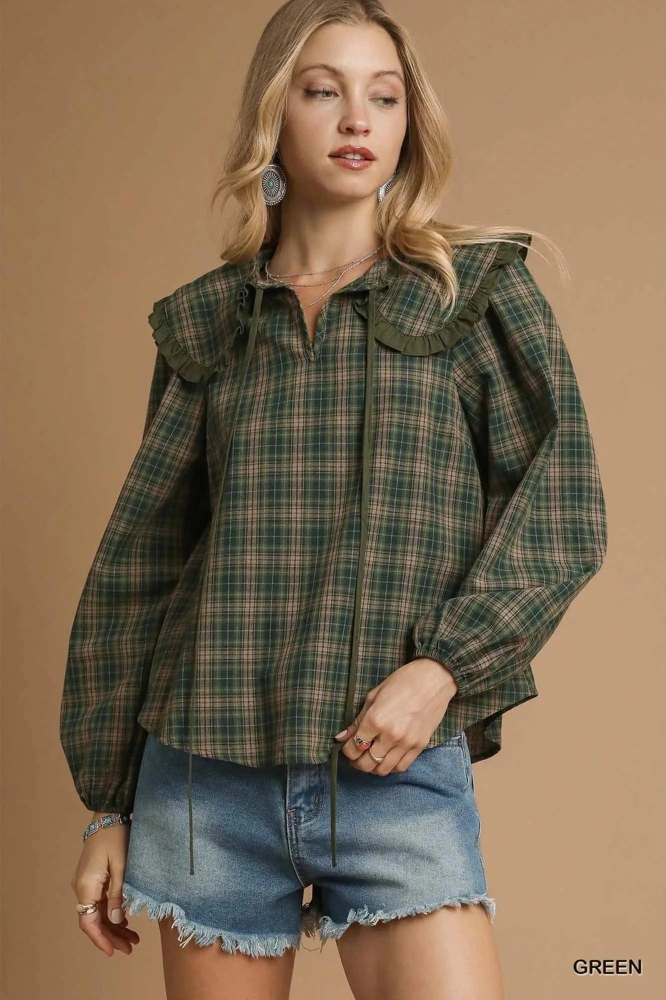 Umgee Full Size Plaid Ruffle Collar Blouse Plus Size - ShalayeFashion
