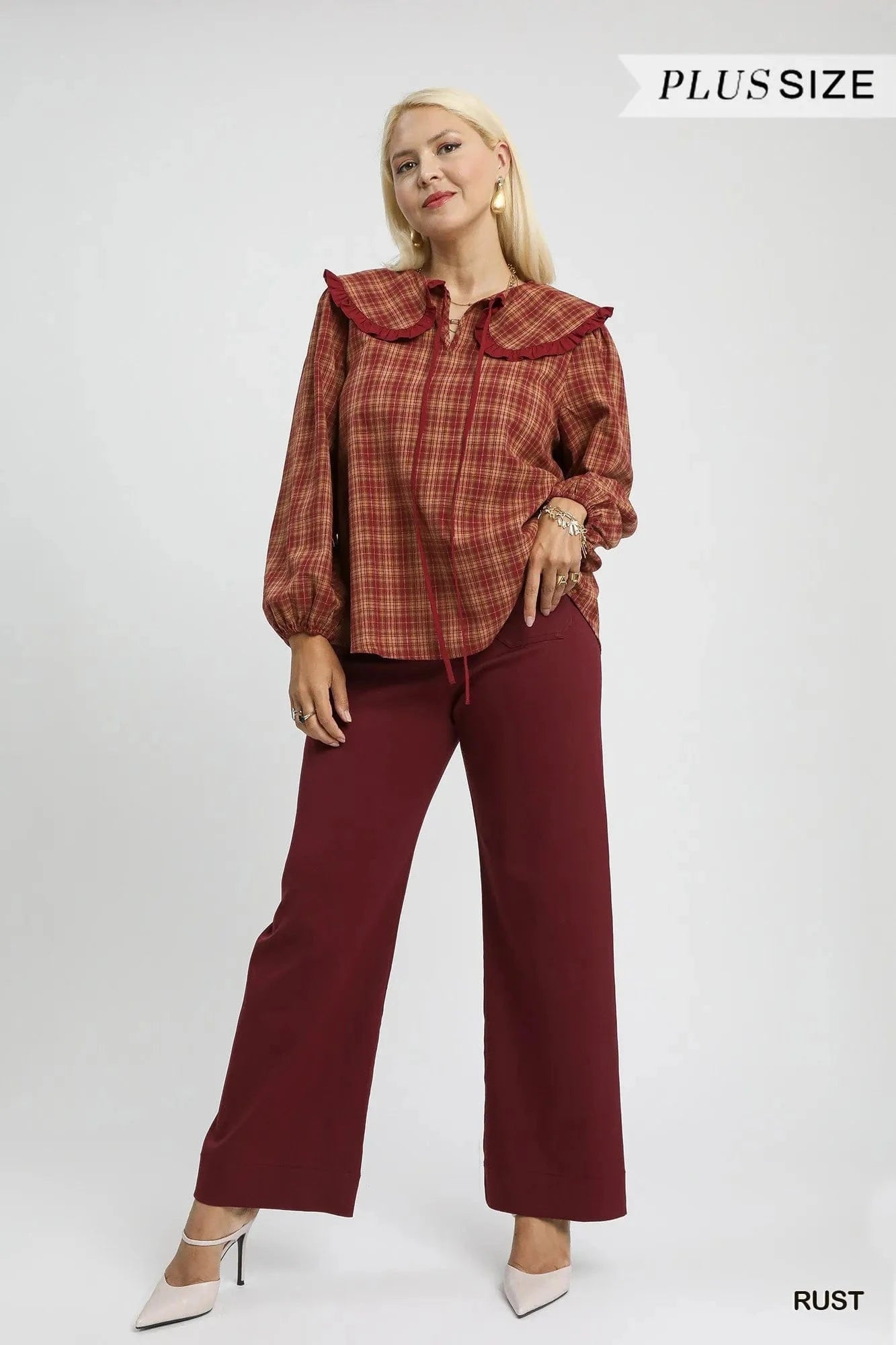 Umgee Full Size Plaid Ruffle Collar Blouse Plus Size - ShalayeFashion