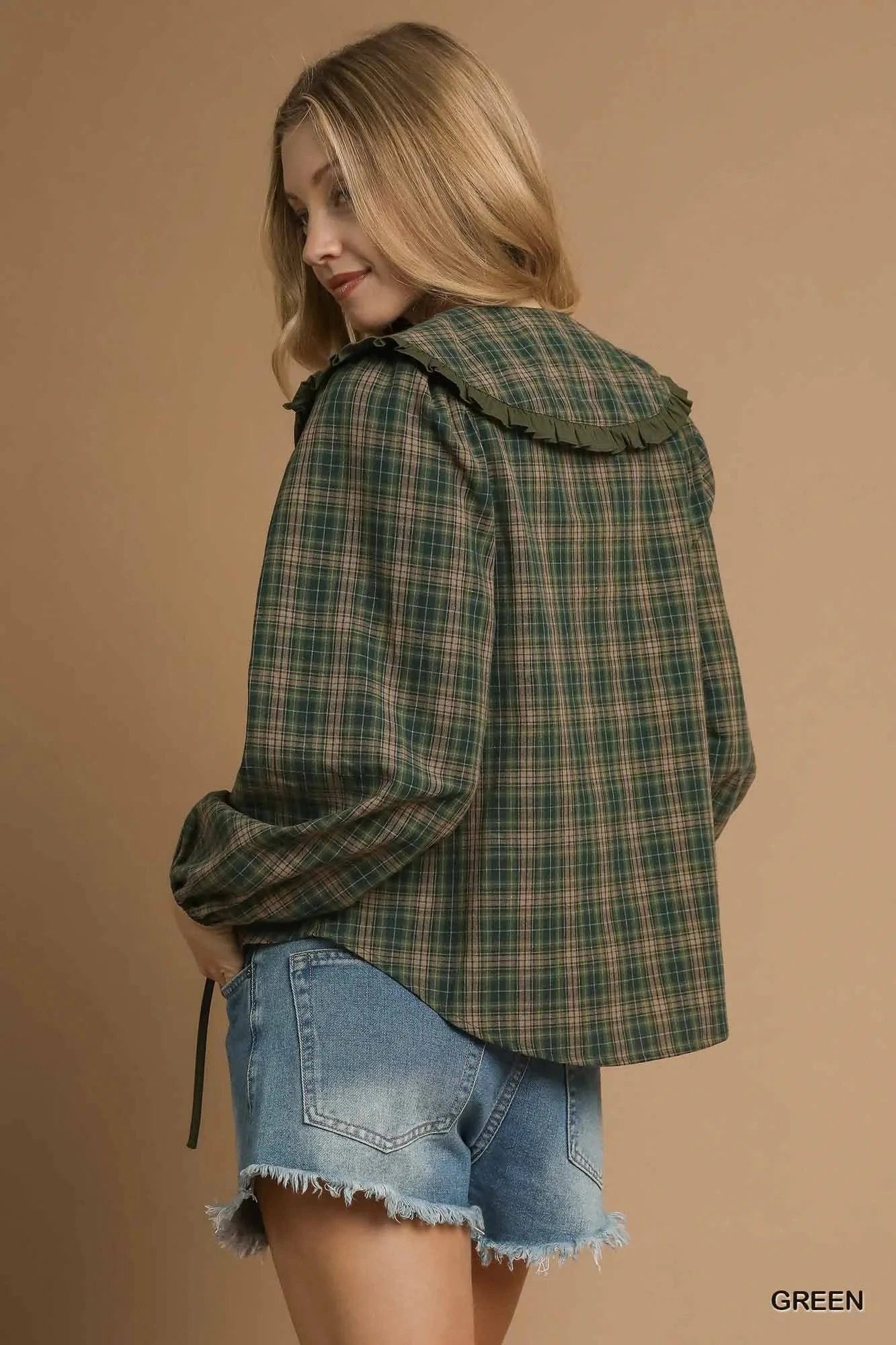 Umgee Full Size Plaid Ruffle Collar Blouse Plus Size - ShalayeFashion