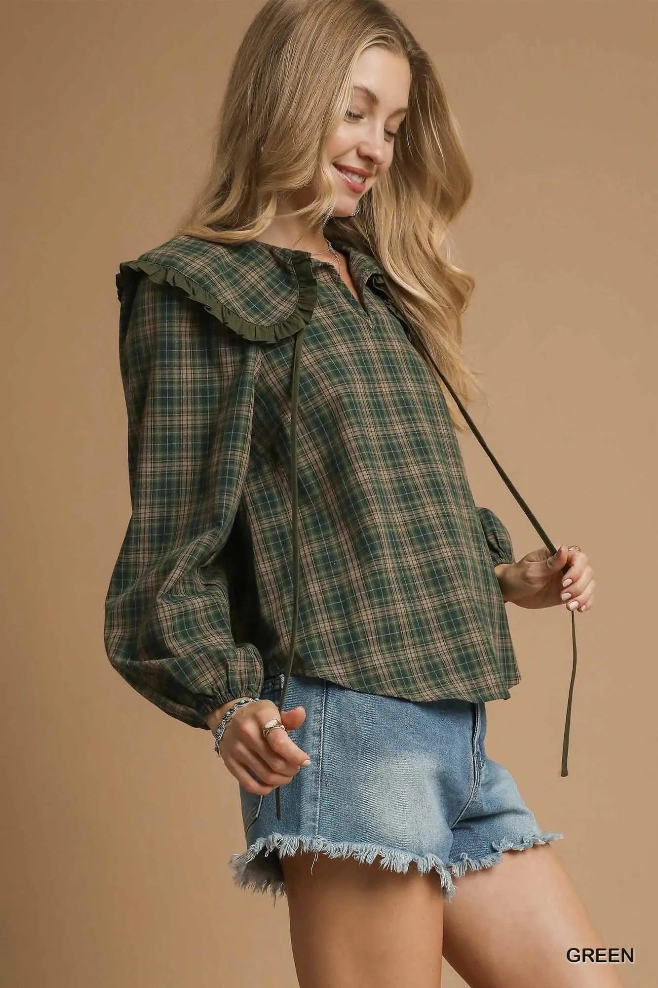 Umgee Full Size Plaid Ruffle Collar Blouse Plus Size - ShalayeFashion