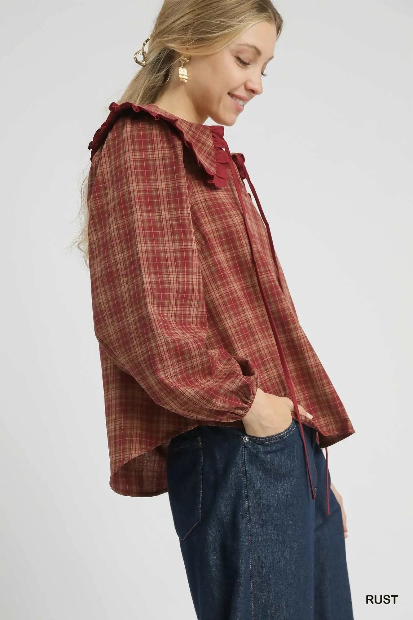 Umgee Full Size Plaid Ruffle Collar Blouse Plus Size - ShalayeFashion