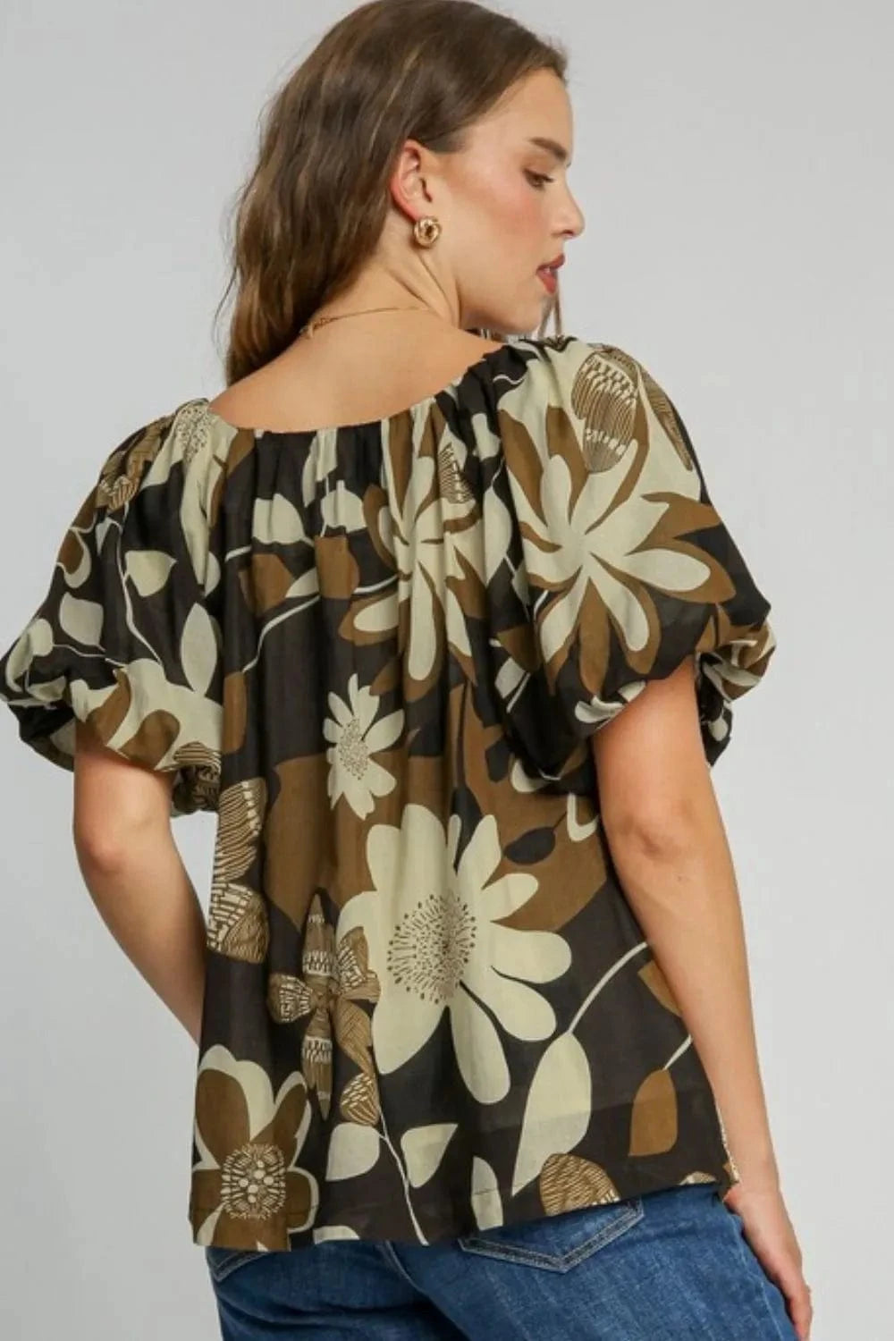 Umgee Full Size Print Round Neck Puff Sleeve Top Plus Size - ShalayeFashion