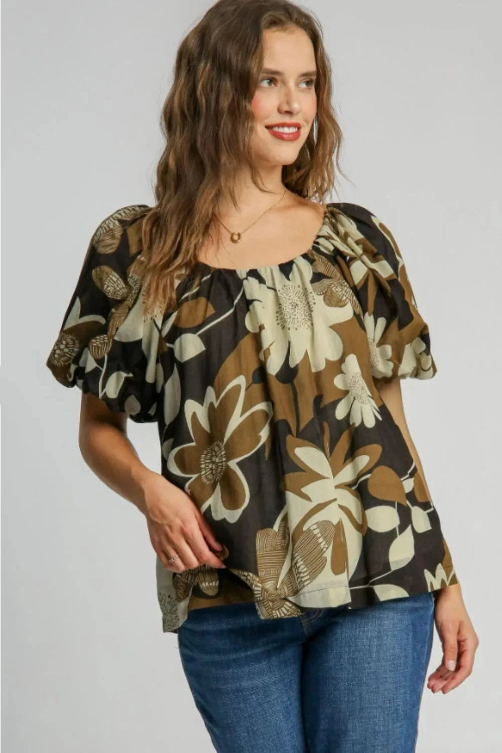 Umgee Full Size Print Round Neck Puff Sleeve Top Plus Size - ShalayeFashion